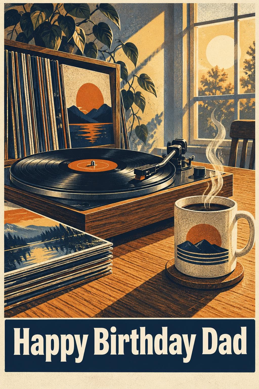 Birthday card for dad: a turntable, a mug and a stack of vinyl by a sunlit window in a screen-print style, Happy Birthday Dad