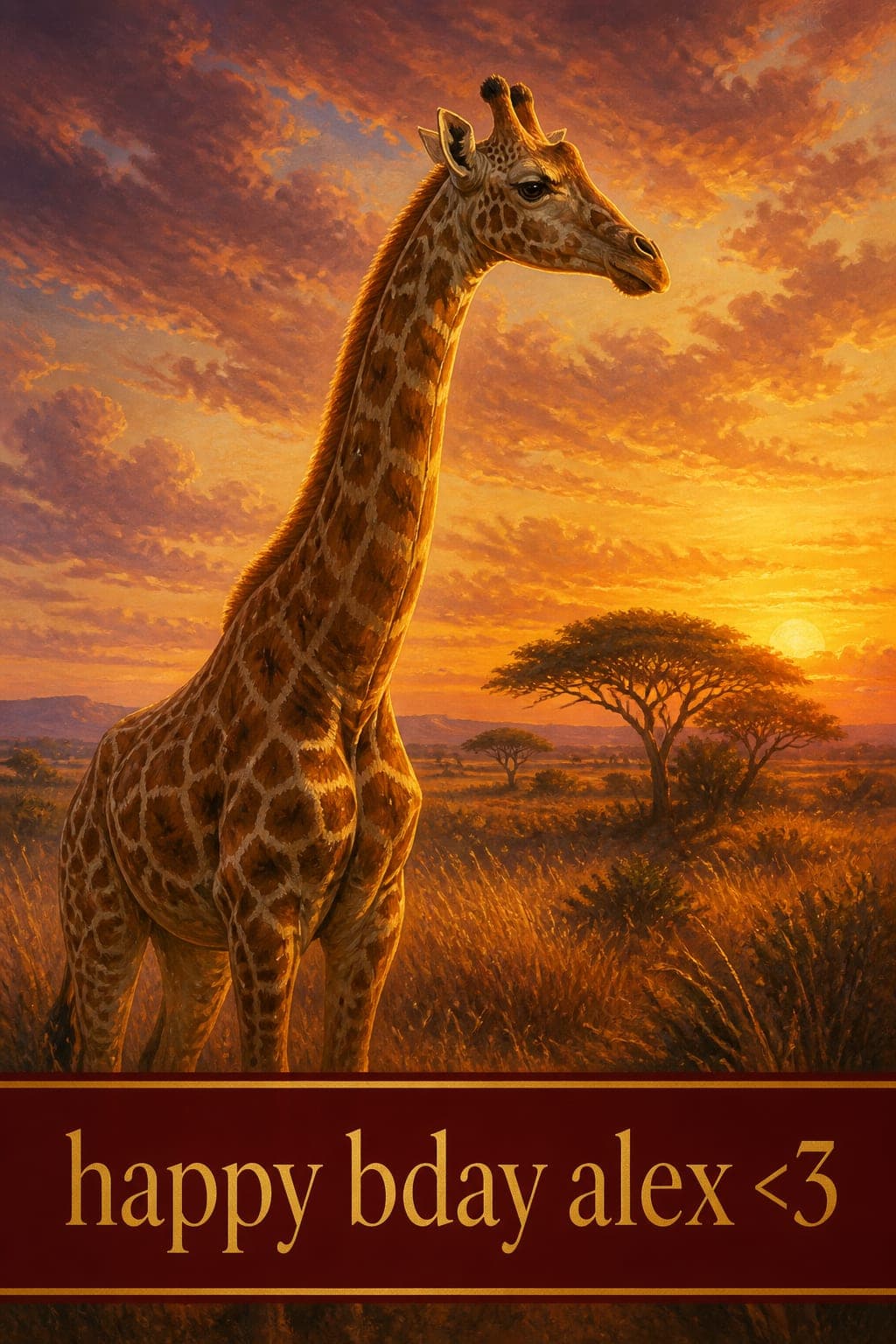 Printable birthday card idea: a giraffe on a golden savanna at sunset above a deep red banner
