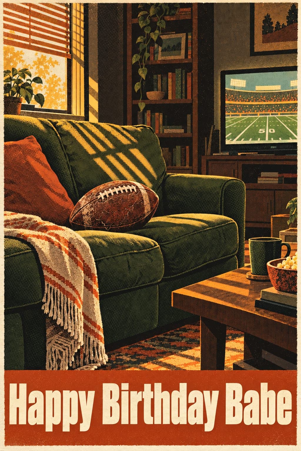 Birthday card of a green couch, a football and a game on the TV, in a screen-print style, reading Happy Birthday Babe