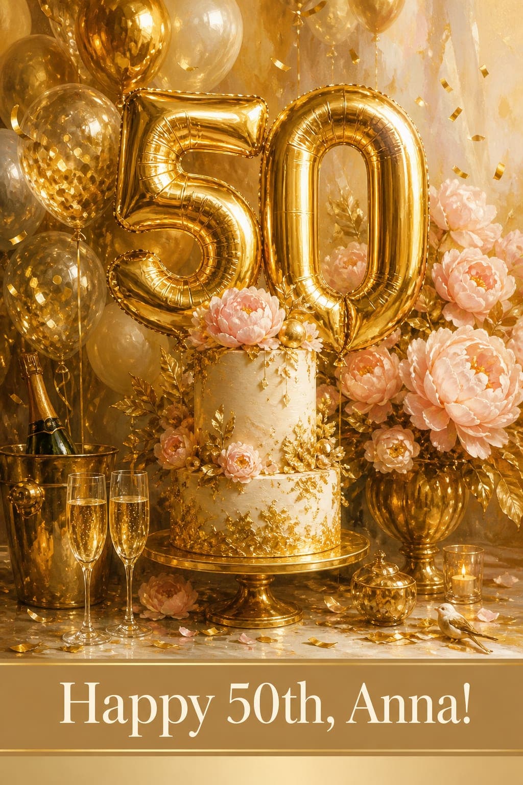 Milestone birthday card idea: gold foil 50 balloons over a birthday cake and peonies, painted by AI