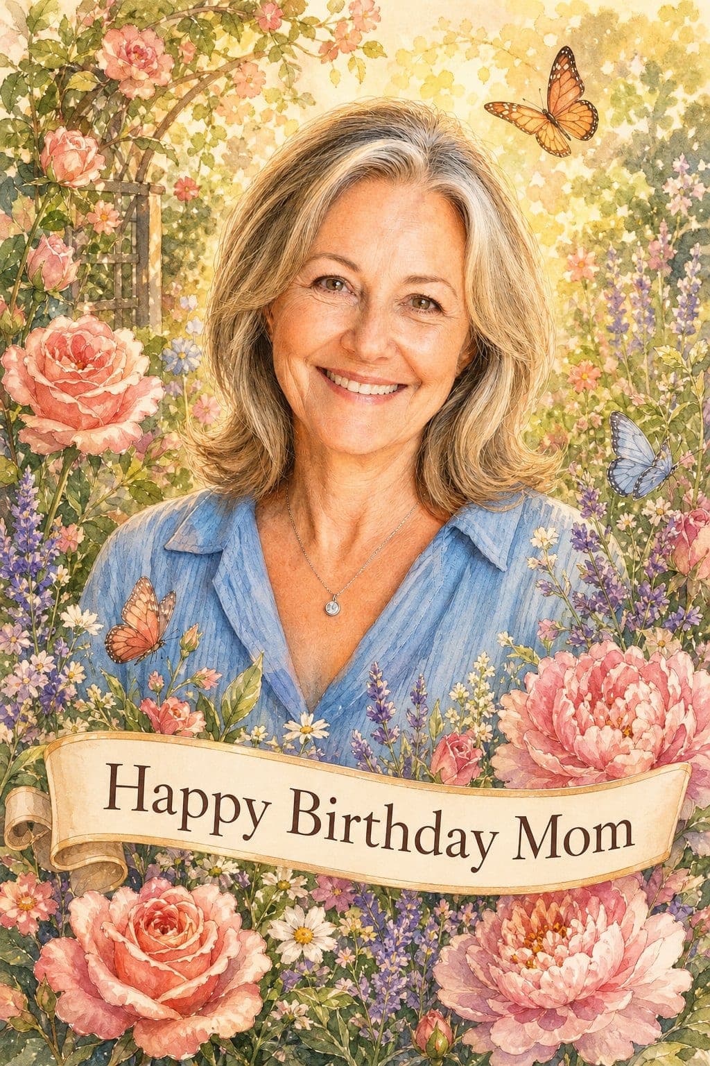 Birthday card for mom made from her photo, her likeness kept in a painted scene
