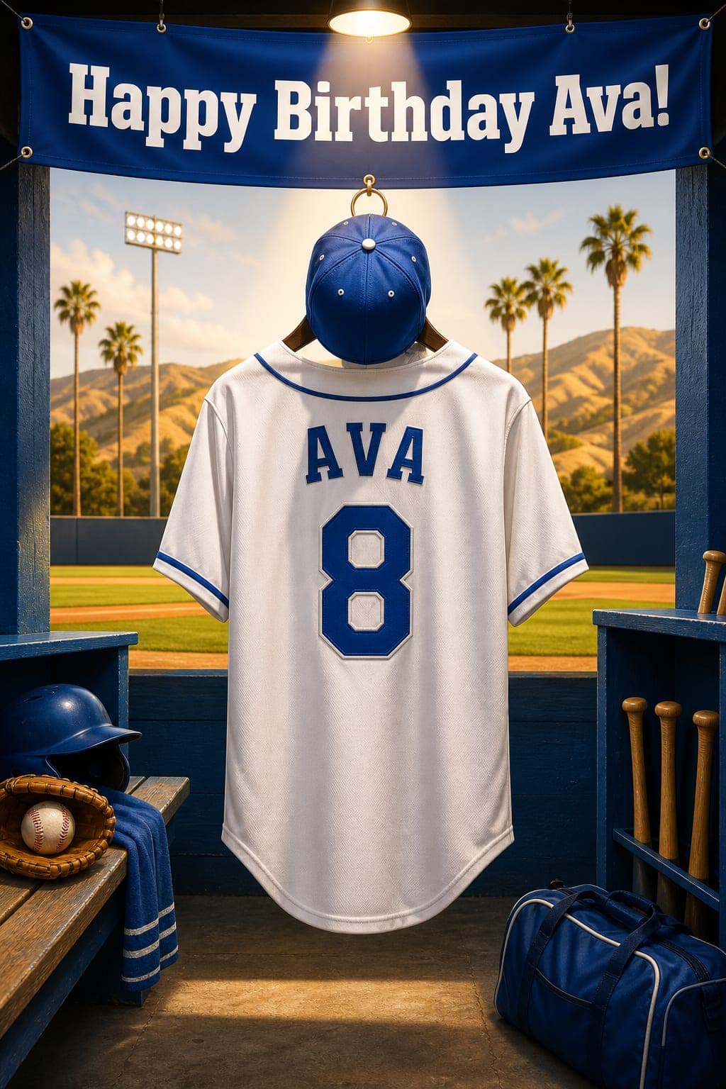 Sports birthday card idea: a white and royal blue baseball jersey with a name and number on the back