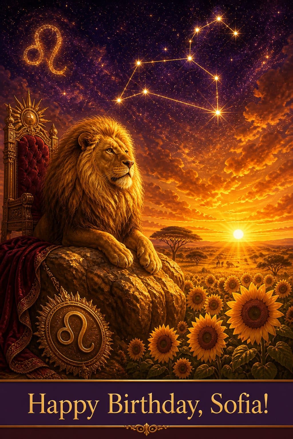 Zodiac birthday card idea: a golden lion among sunflowers under the Leo constellation, Happy Birthday, Sofia!