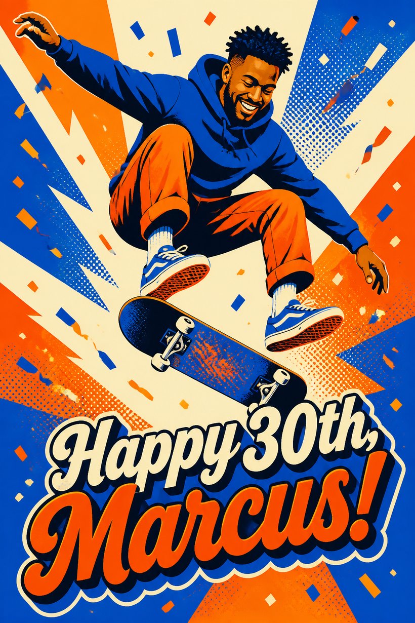Pop art 30th birthday card of a man mid kickflip on a skateboard in orange and blue, Happy 30th Marcus