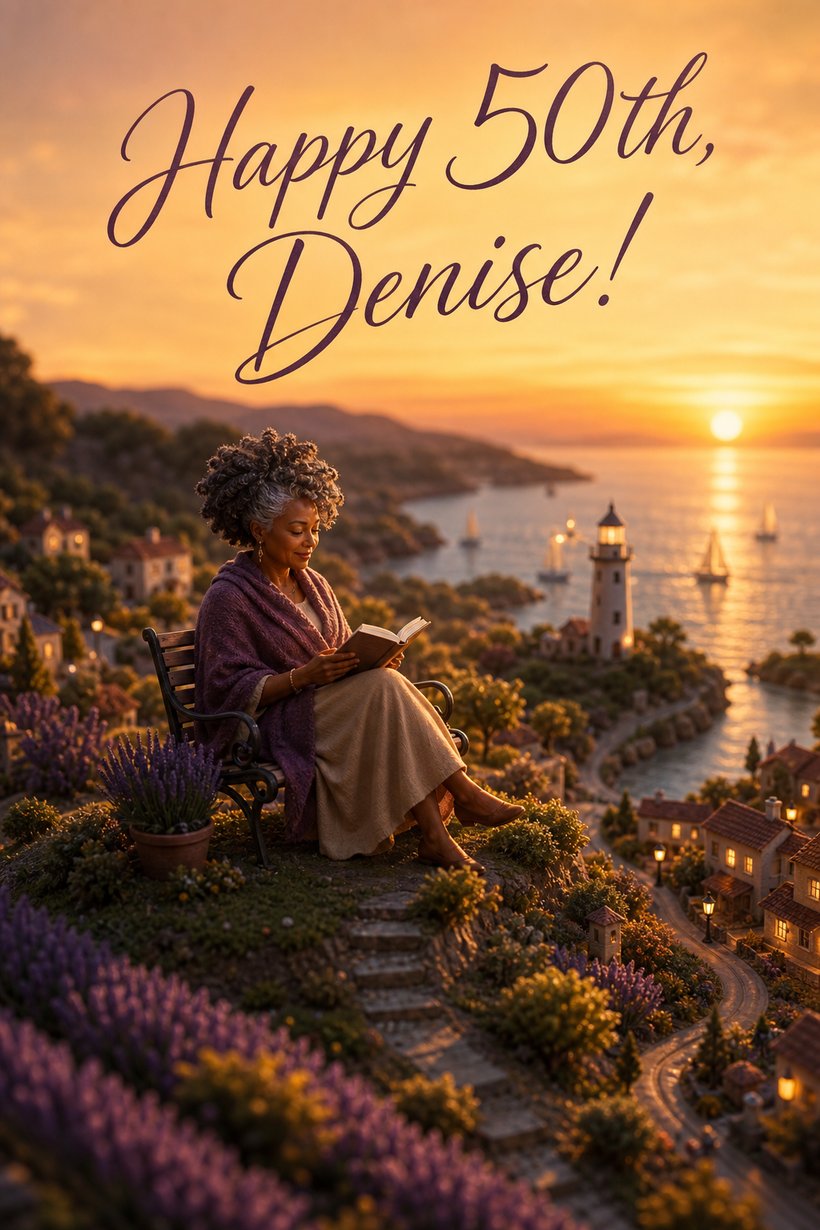 Birthday card of a woman reading on a bench above a tiny seaside village at sunset, Happy 50th Denise