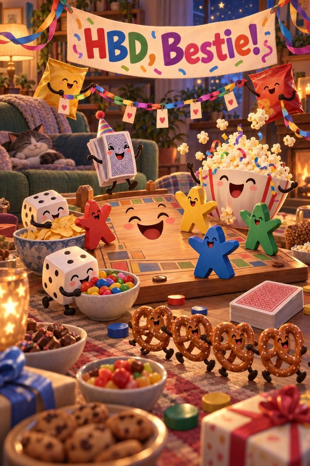Funny birthday card of smiling dice, pretzels and a popcorn bowl throwing a party on a game board, reading HBD, Bestie!