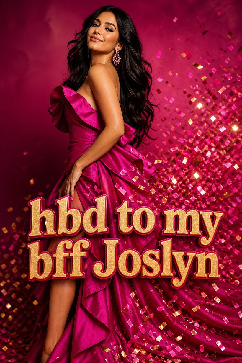 Birthday card of a woman in a fuchsia gown on a magazine cover of gold confetti, hbd to my bff Joslyn