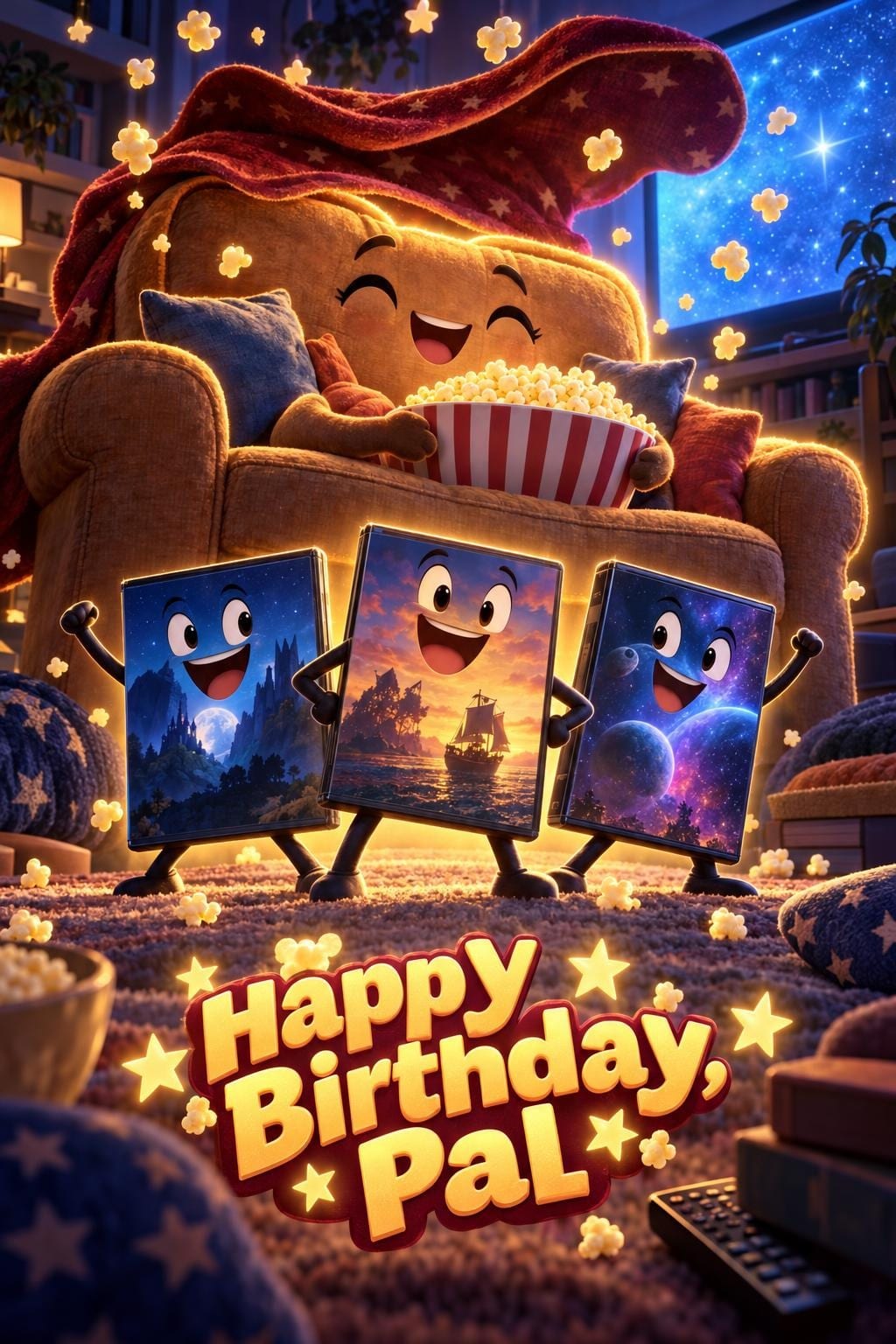 Funny birthday card of a smiling armchair, popcorn and three dancing movie cases by a starry TV, reading Happy Birthday, Pal