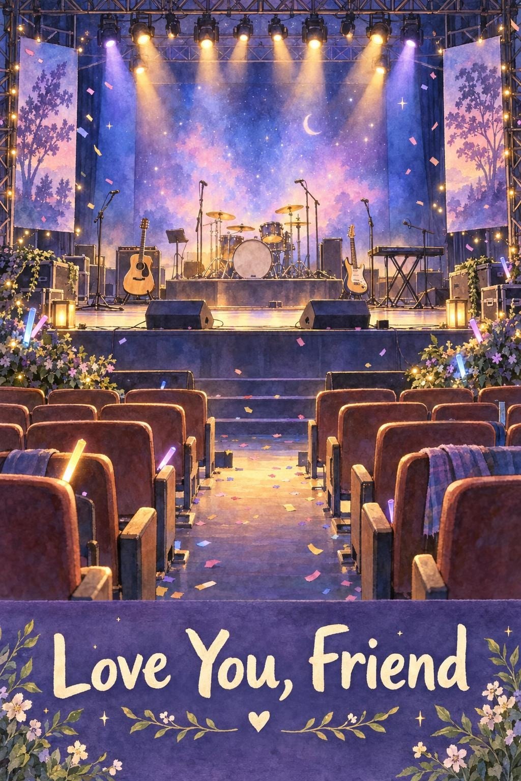Birthday card of an empty concert stage in purple and gold light with confetti falling on the seats, reading Love You, Friend
