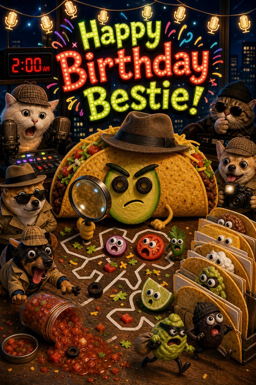 Birthday card of taco detectives investigating a salsa spill at 2 a.m., under Happy Birthday Bestie