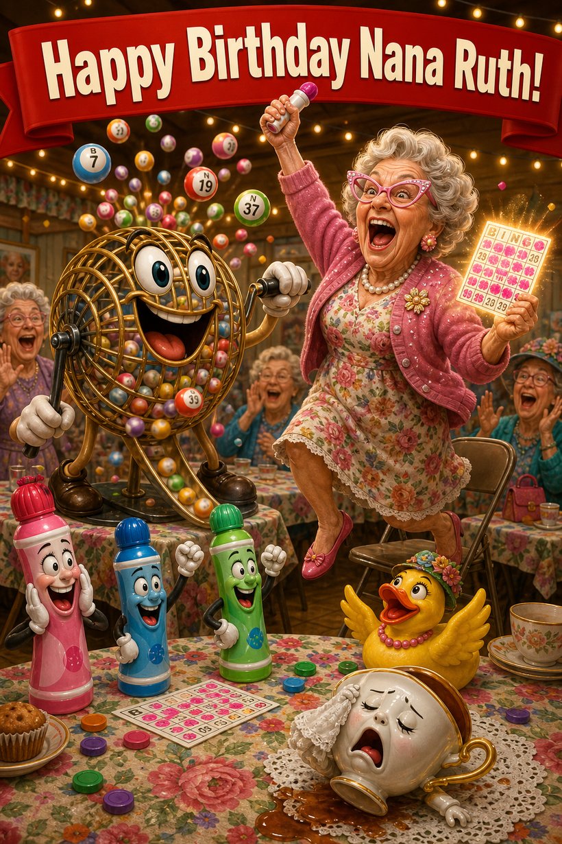 Funny birthday card of a grandmother leaping with a winning bingo card as a living bingo cage cheers