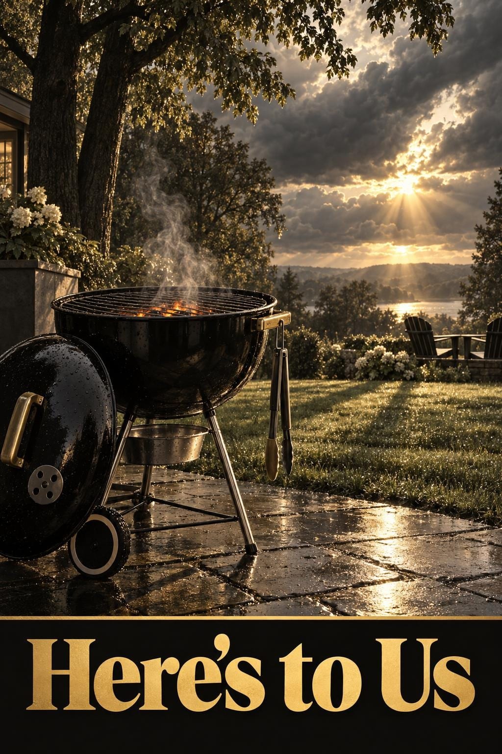 Birthday card of a kettle grill smoking on a wet patio as storm clouds break over a backyard at sunset, two chairs on the lawn behind, in a moody photograph style, reading Here's to Us