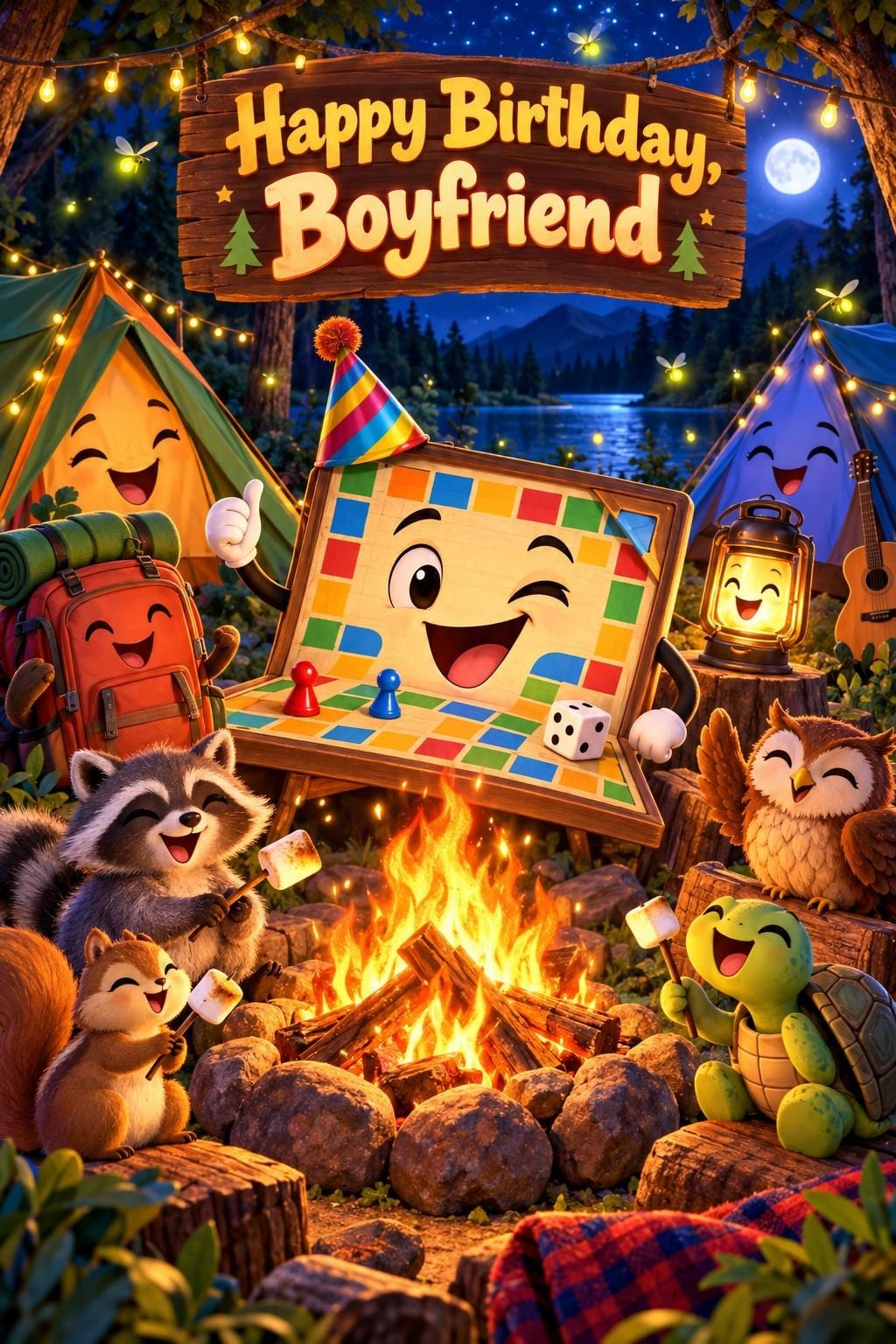 Funny birthday card of a board game in a party hat by a campfire with a raccoon, a squirrel, an owl and a turtle roasting marshmallows, personified tents and a lantern under string lights, reading Happy Birthday, Boyfriend