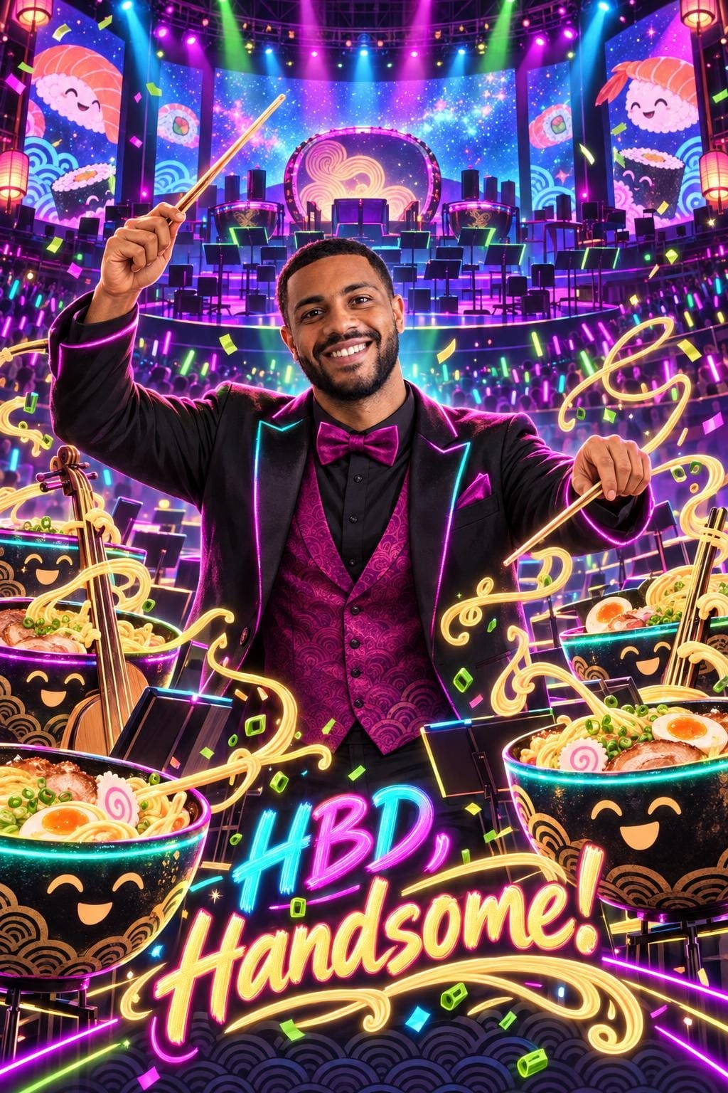 Funny birthday card of a bearded man in a magenta tuxedo conducting with chopsticks on a neon concert stage, personified ramen bowls and a violin around him, reading HBD, Handsome!