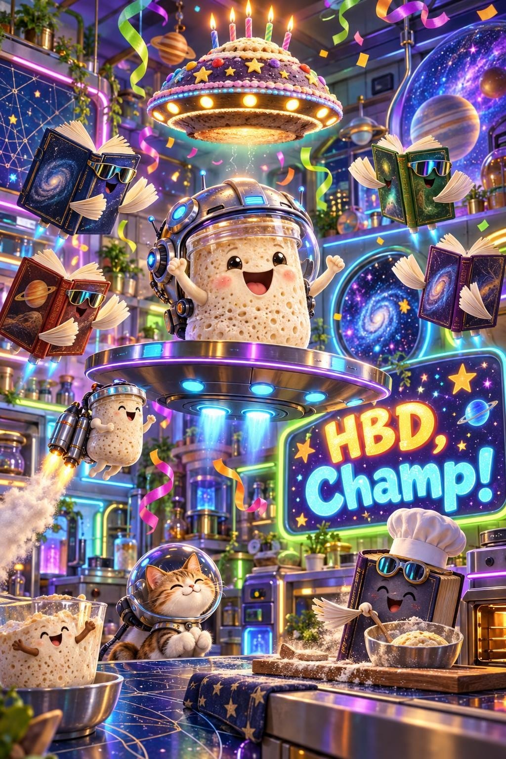 Funny birthday card of a sourdough loaf in a space helmet on a flying saucer in a neon kitchen, a cake saucer above it, personified sci-fi books with sunglasses and a cat in a bubble helmet, reading HBD, Champ!