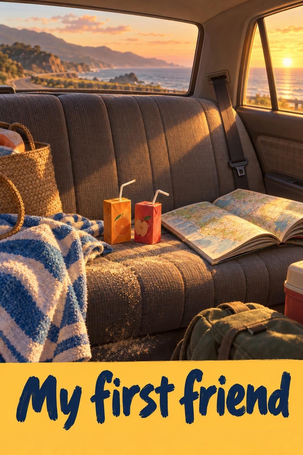 Birthday card of the back seat of a family car on a summer road trip, two juice boxes and a road atlas on the seat, sand and sun light through the window, reading My first friend