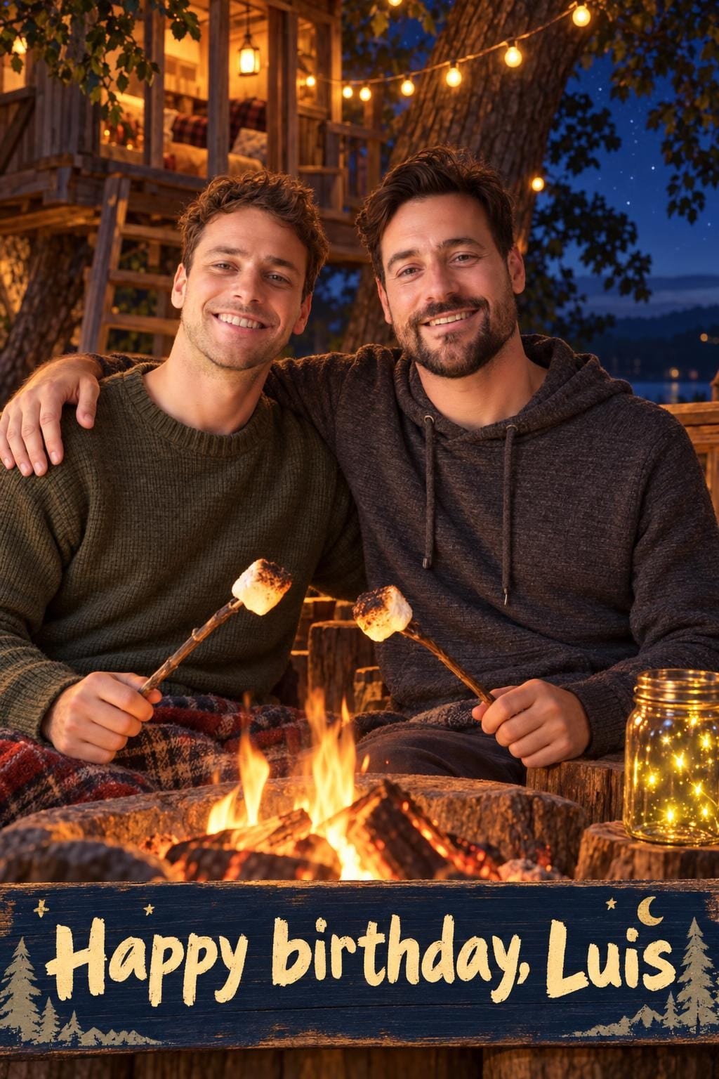 Birthday card of two brothers roasting marshmallows at a campfire under string lights and a treehouse at night, a jar of fireflies beside them, reading Happy birthday, Luis