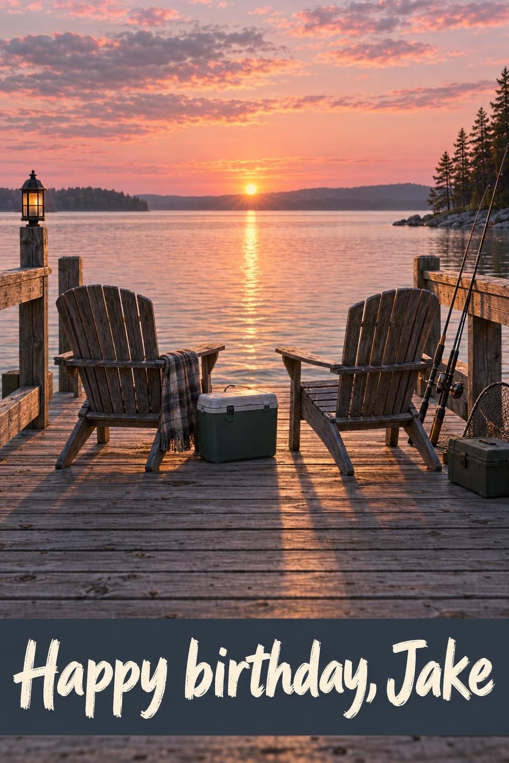 Birthday card of a wooden dock at dawn with two chairs, a blanket, one cooler and fishing rods, slate water under a pink sky, reading Happy birthday, Jake