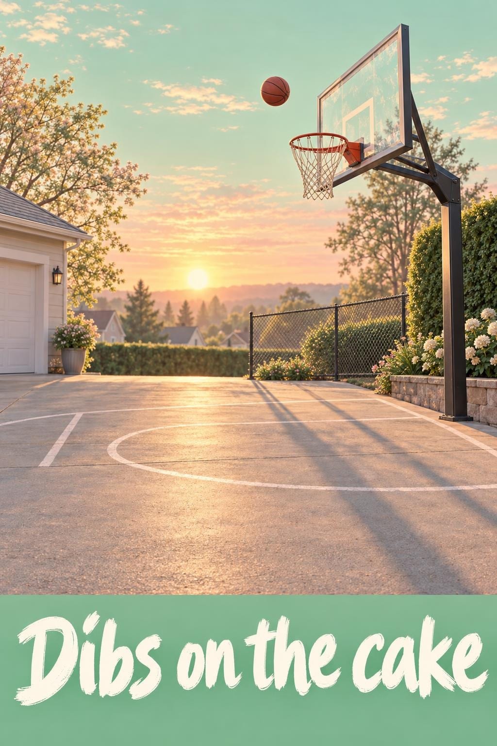 Birthday card of a driveway basketball hoop at dawn with the ball mid-air and chalk lines on the pavement under a pale green sky, reading Dibs on the cake