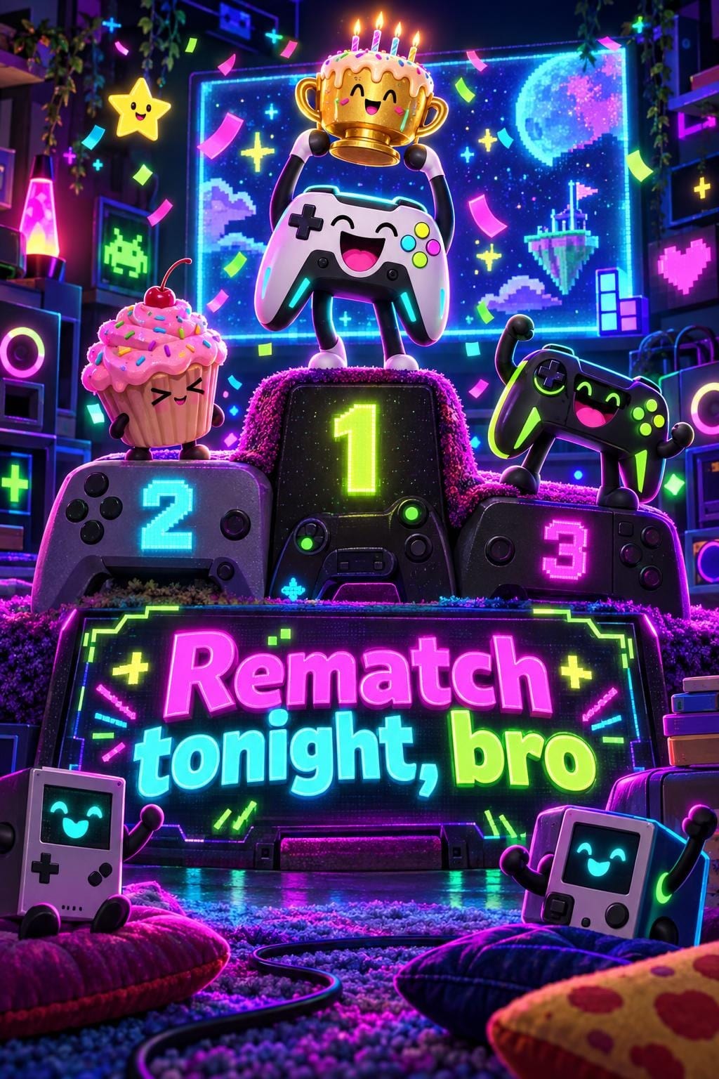 Funny birthday card of a personified game controller holding a cake trophy on a neon podium, a cupcake on step two, handheld consoles cheering on a carpet under a glowing screen, reading Rematch tonight, bro