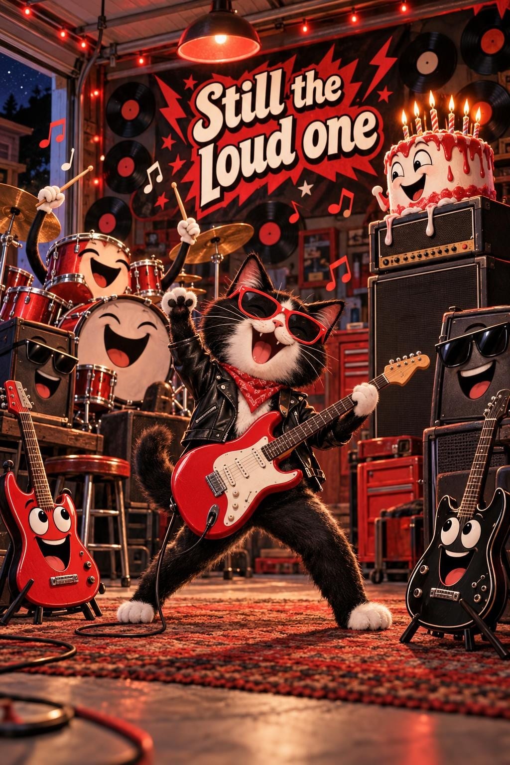 Funny birthday card of a cat in sunglasses and a leather jacket playing a red guitar in a garage band of personified drums, amps and guitars, a cake on the amp, in red and black, reading Still the loud one