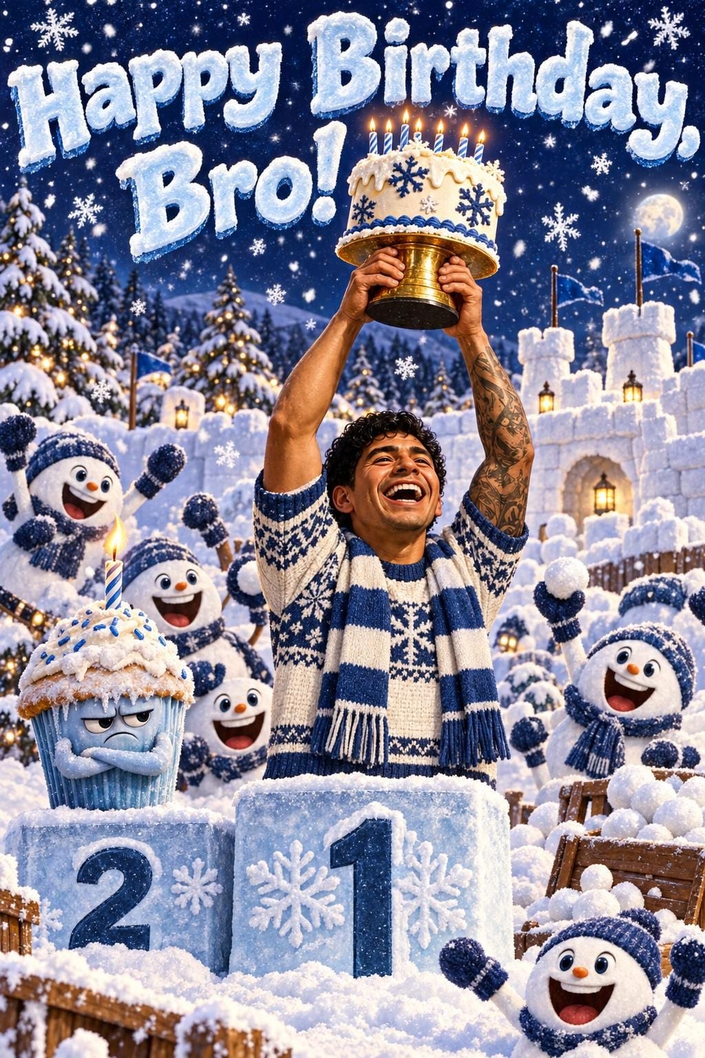 Birthday card of a man with curly hair and a tattooed arm laughing on the top step of a snow podium holding a cake trophy overhead, cheering snowmen and one sulking cupcake around him, a snow castle behind, in ice white and navy, reading Happy Birthday, Bro!