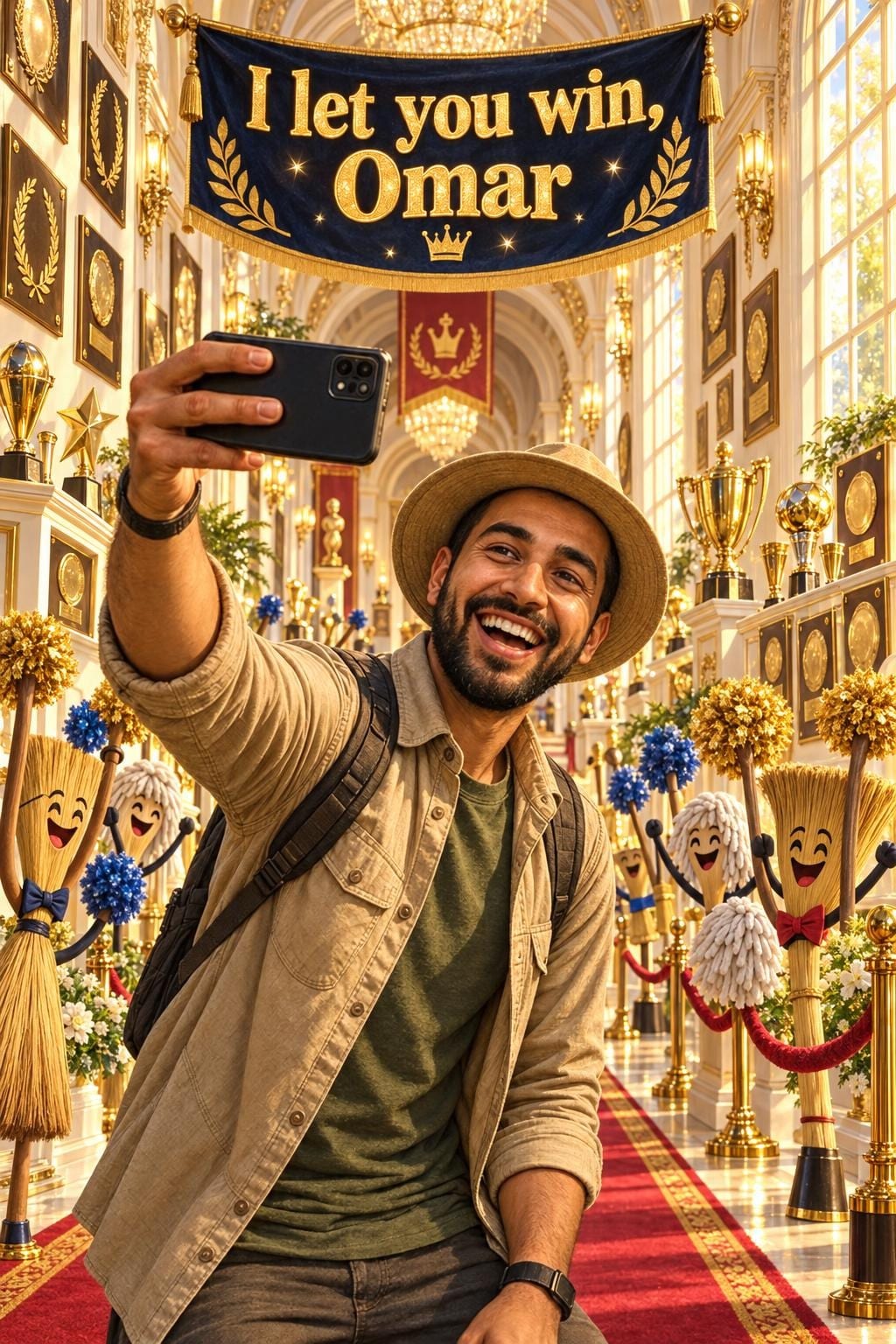 Funny birthday card of a bearded man in a hat taking a selfie in a long hallway lined with trophies and blank plaques, brooms and mops applauding, in ivory and gold, reading I let you win, Omar