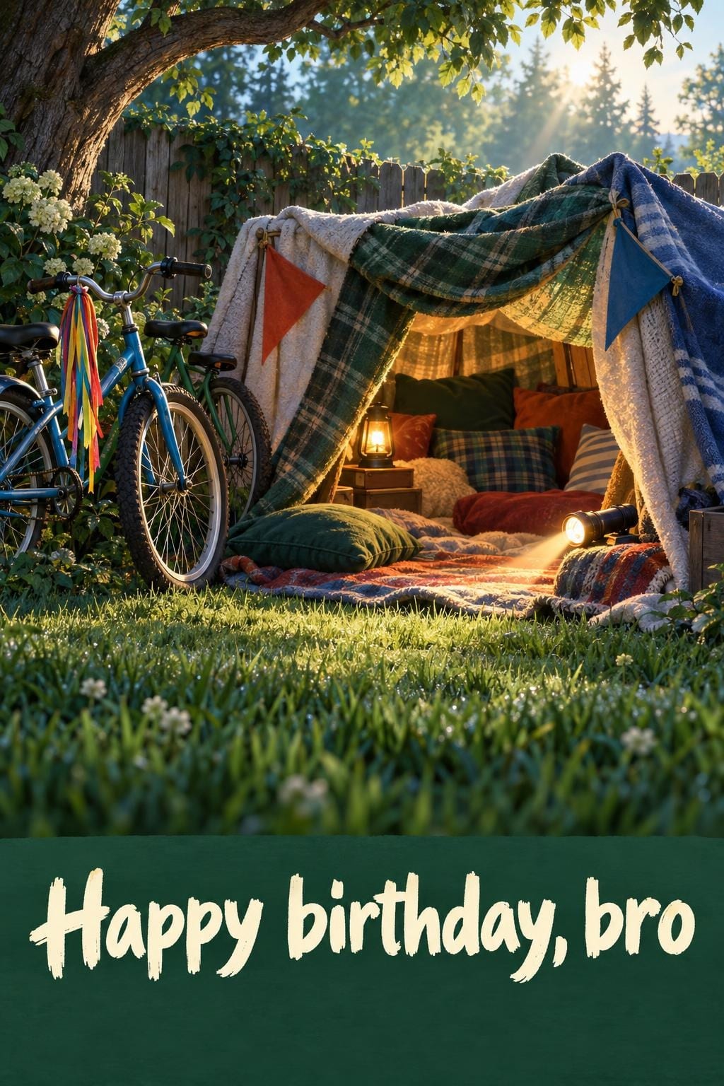 Birthday card of two bikes leaning on a summer fence beside a blanket fort with two flags and a flashlight, on a mint morning, reading Happy birthday, bro
