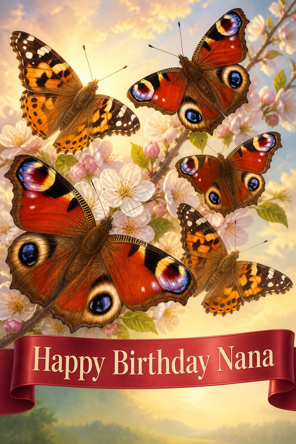 Butterfly birthday card for a grandmother, peacock and painted lady butterflies along a blossoming branch under Happy Birthday Nana