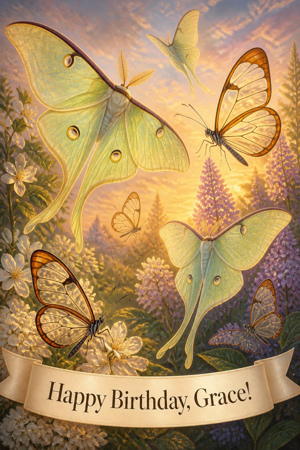 Butterfly birthday card of luna moths and glasswing butterflies painted in warm golden-hour light