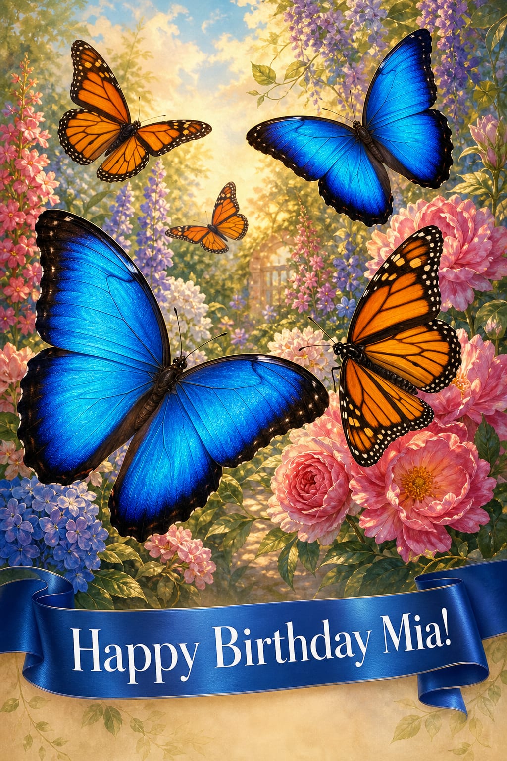 AI butterfly birthday card, monarch and blue morpho butterflies drifting over a blooming cottage garden