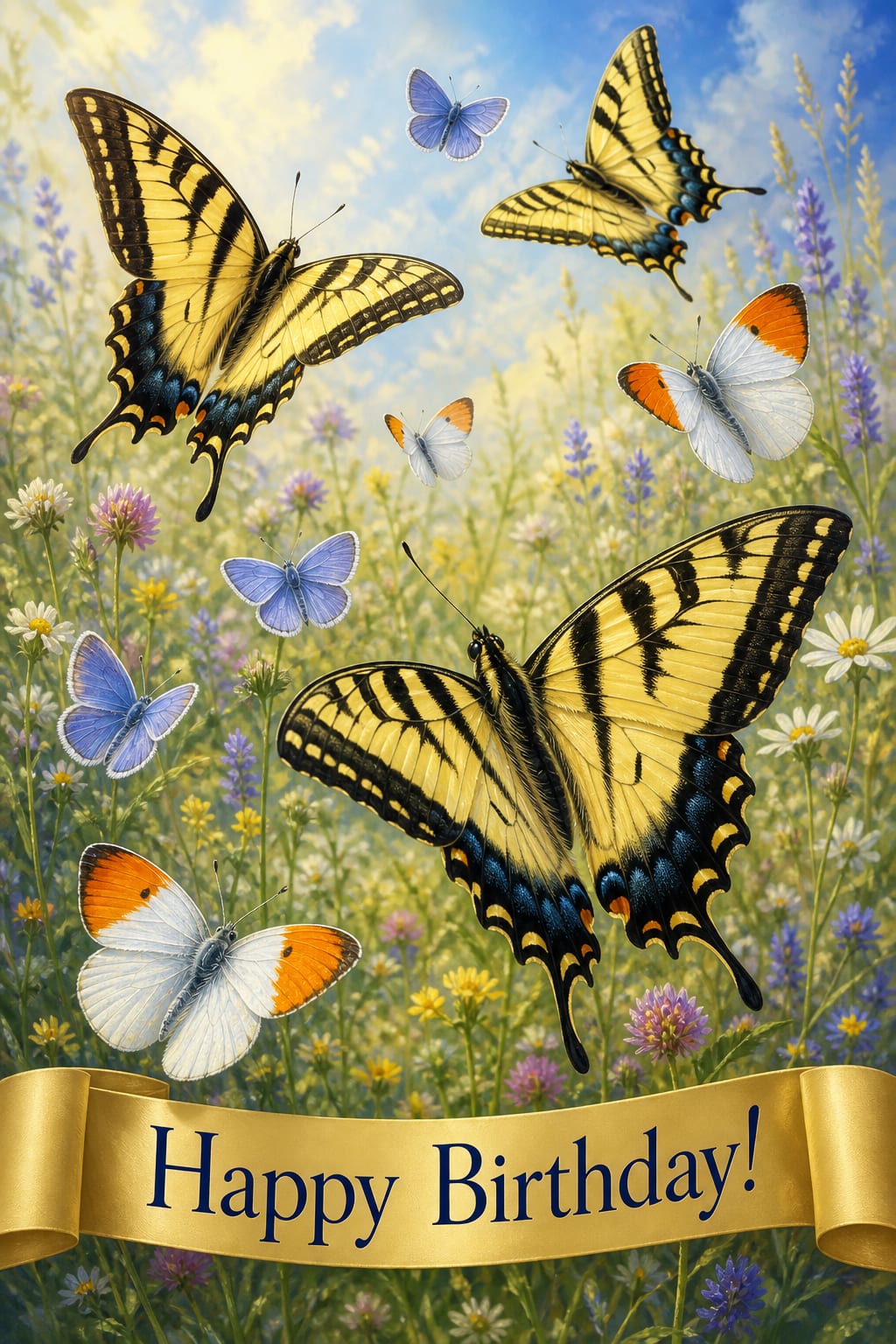 Butterfly birthday card of swallowtail, orange-tip and common blue butterflies above a sunlit wildflower meadow