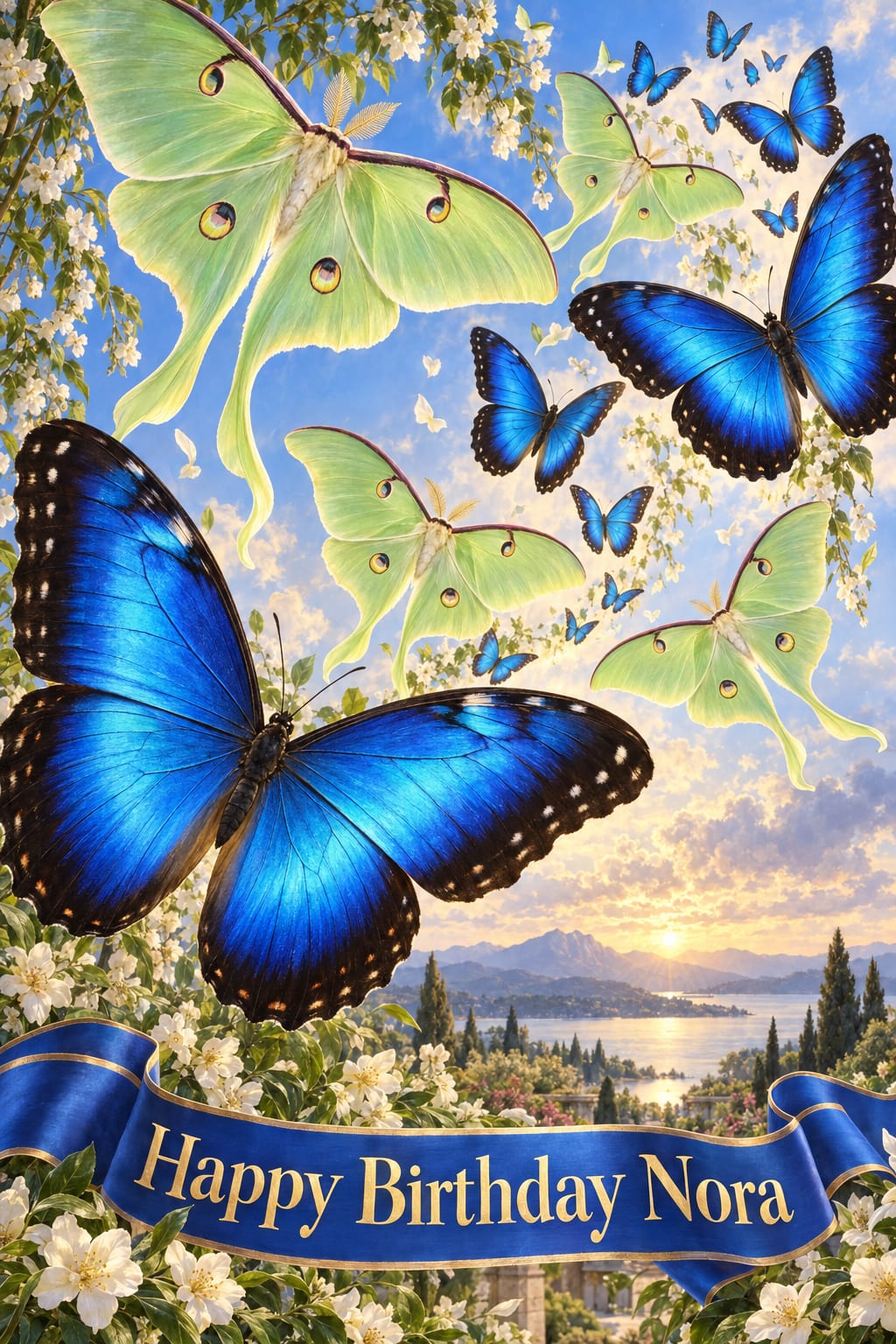 Butterfly birthday card of blue morpho and luna moth butterflies over white blossoms above a lake at sunset, reading Happy Birthday Nora
