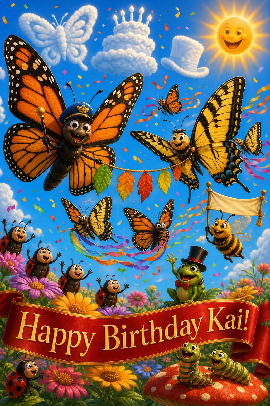 Funny butterfly birthday card, personified monarchs and swallowtails leading a birthday parade with streamers and ladybugs