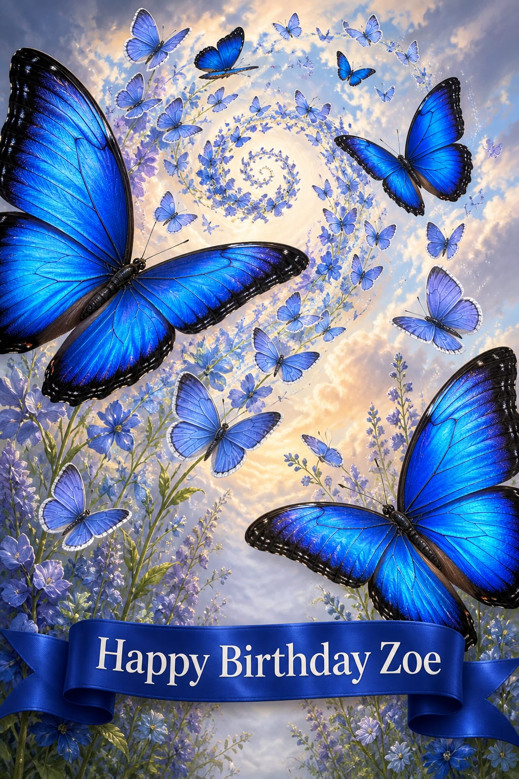 Butterfly birthday card with a spiral of blue morpho and common blue butterflies rising through the sky, under Happy Birthday Zoe