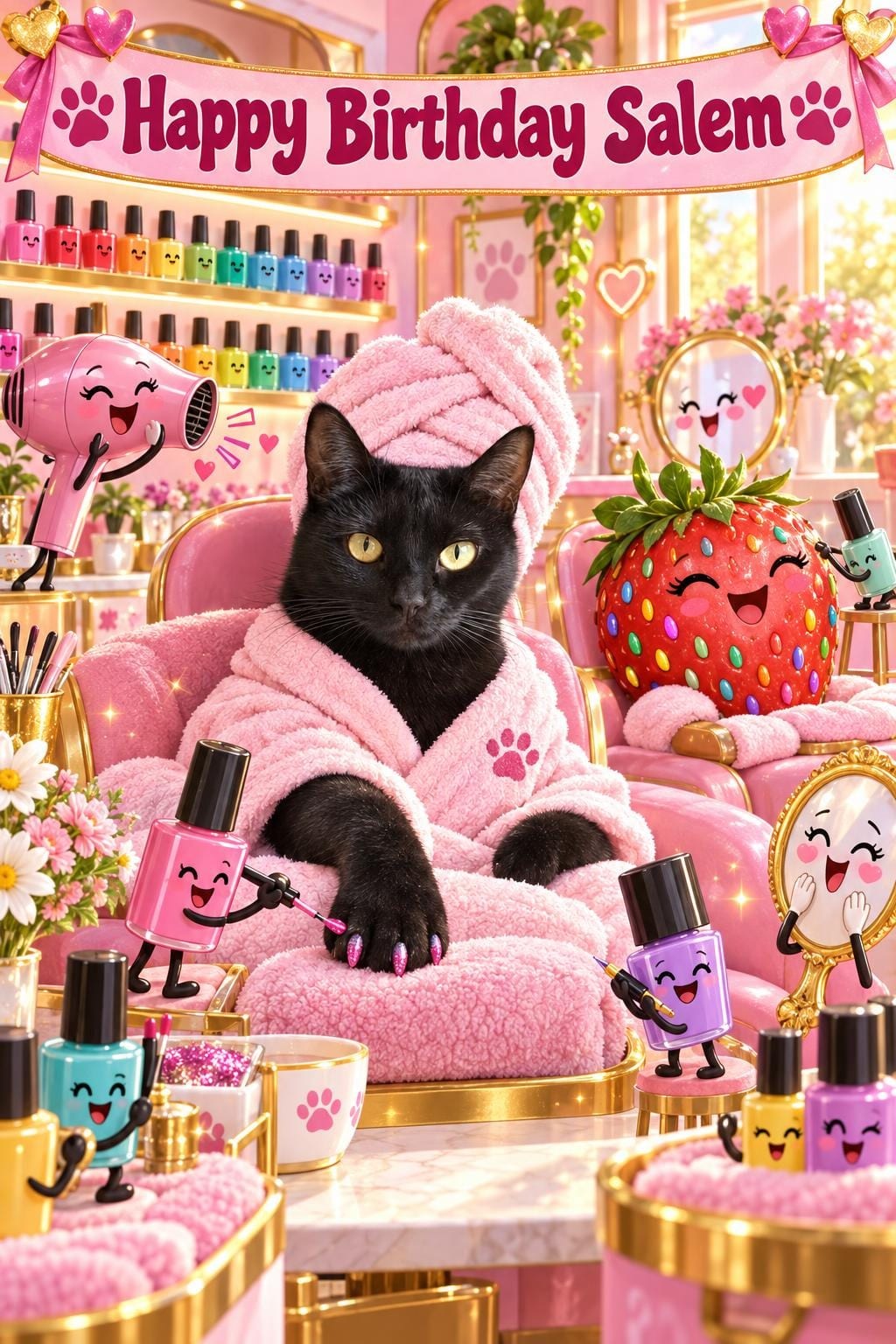 Cat birthday card of a black cat in a pink robe and head towel at a strawberry nail salon, under Happy Birthday Salem