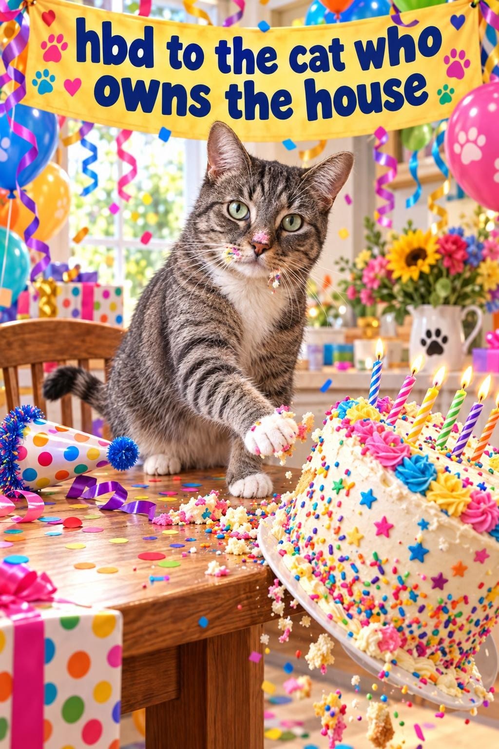 Funny cat birthday card of a grey tabby swiping a tall sprinkle cake off the table, reading hbd to the cat who owns the house