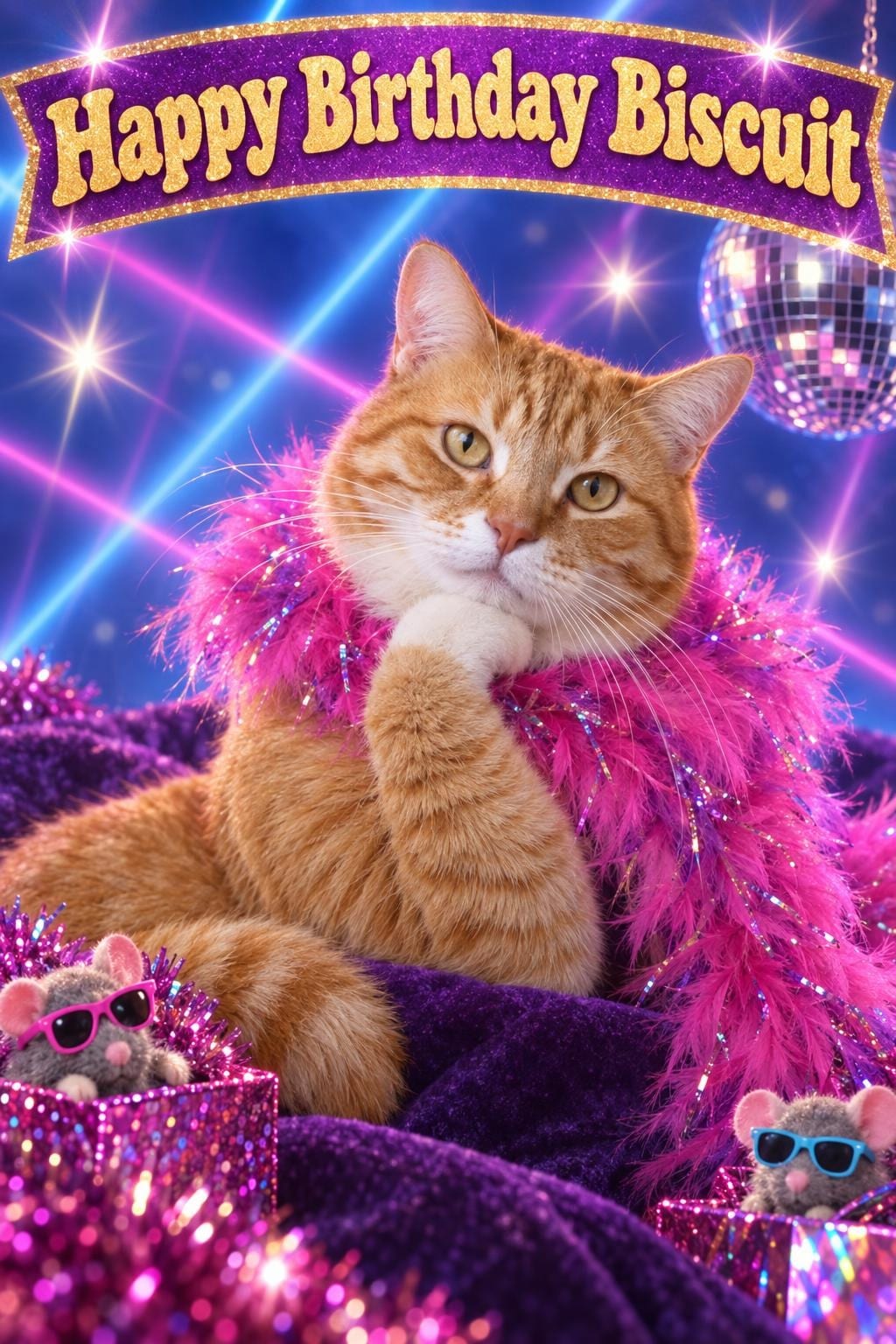 Cat birthday card of an orange tabby in a pink feather boa under a disco ball and laser lights, under Happy Birthday Biscuit