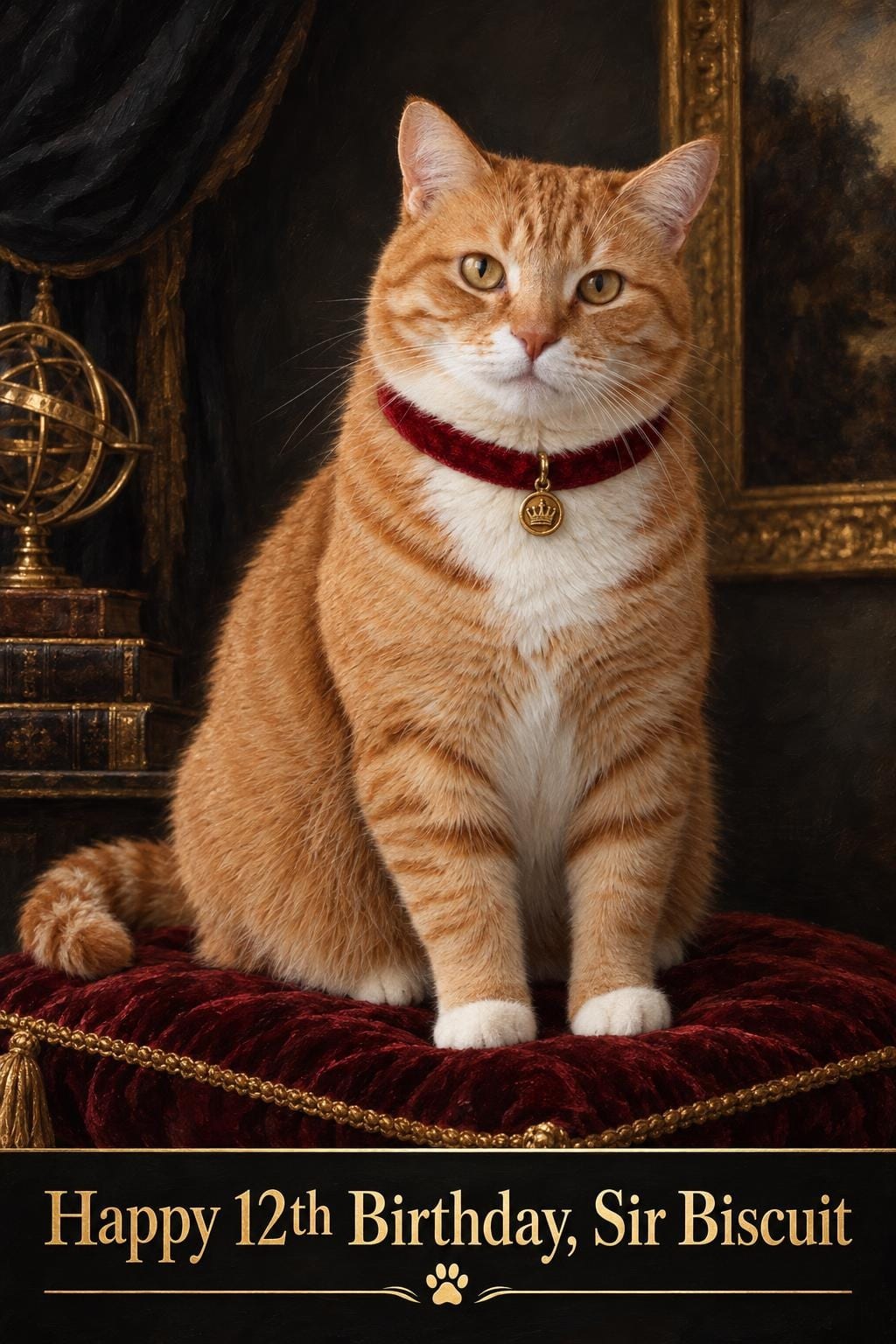 Renaissance-style cat birthday card of an orange tabby in a red velvet collar on a crimson cushion, reading Happy 12th Birthday, Sir Biscuit