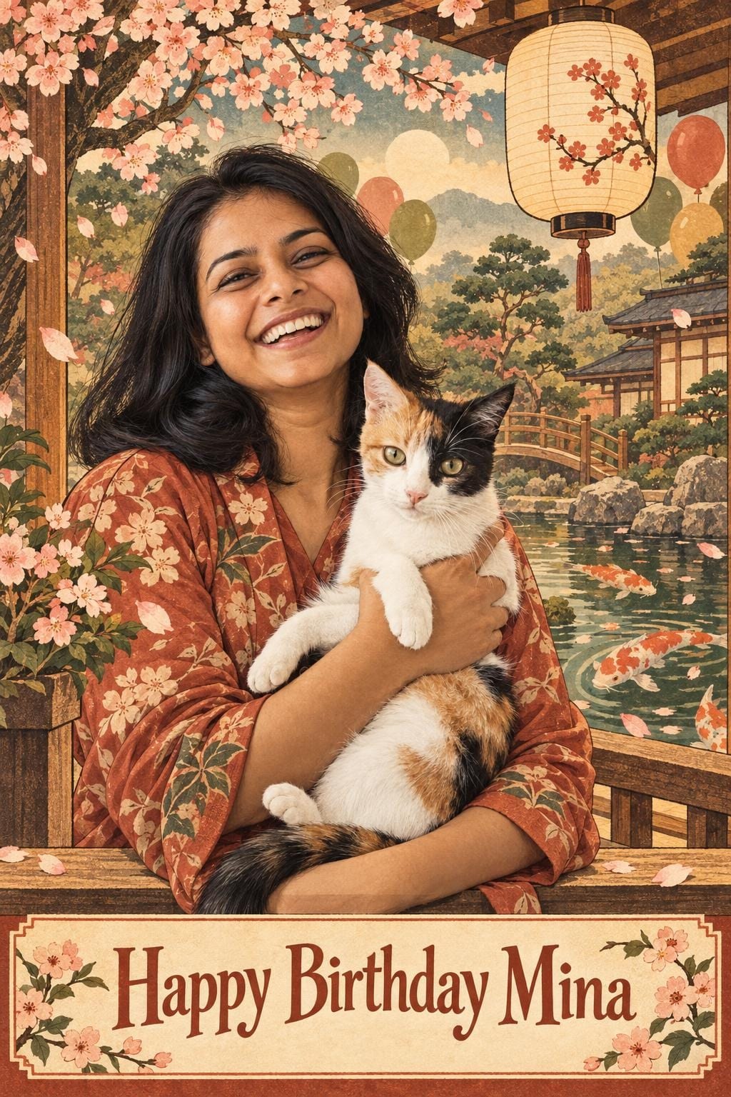 Woodblock-print cat birthday card of a laughing woman holding a calico by a koi pond under a lantern, reading Happy Birthday Mina