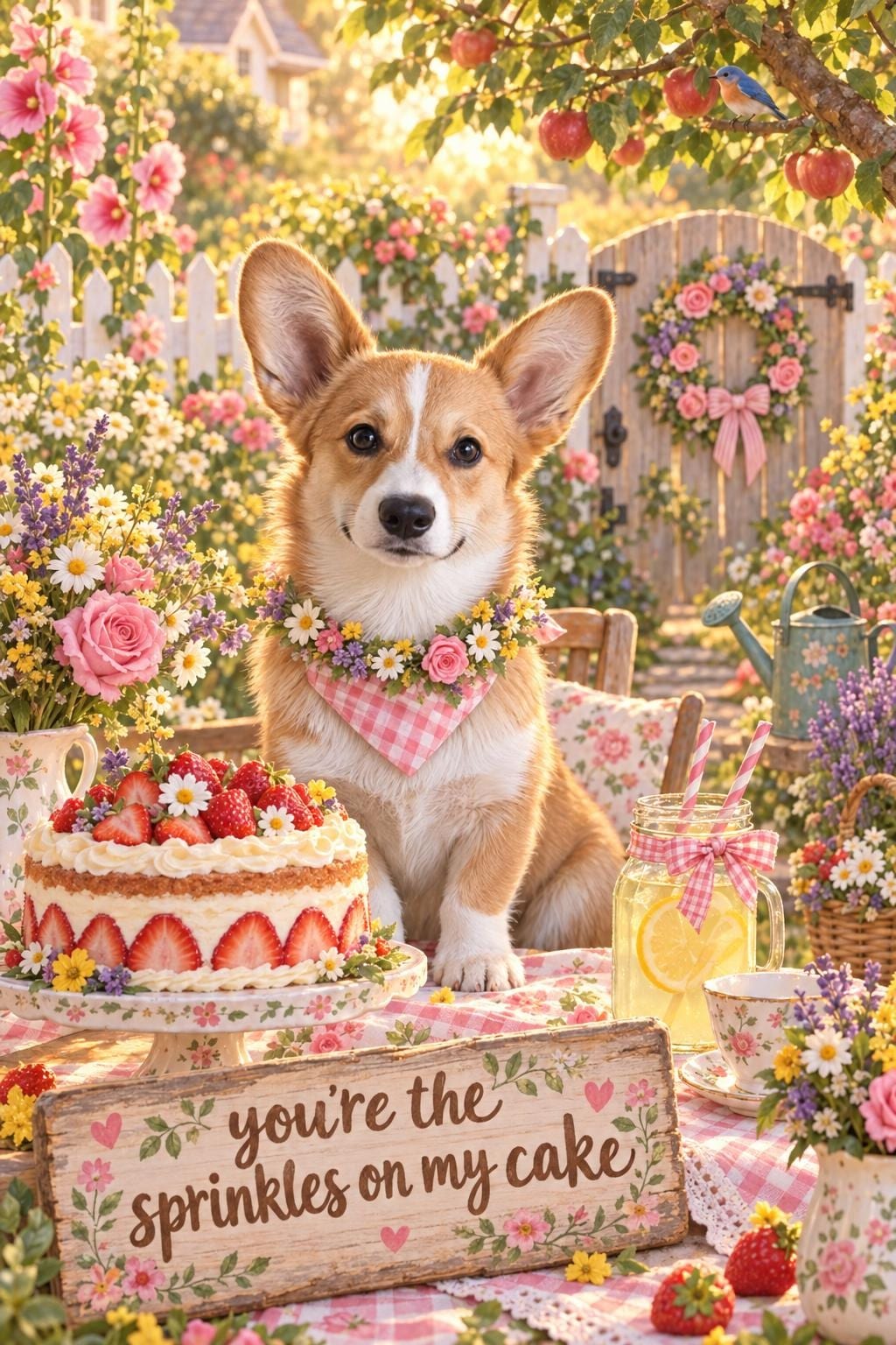 Cute birthday card of a corgi in a flower collar at a garden tea table, a sign reading you're the sprinkles on my cake