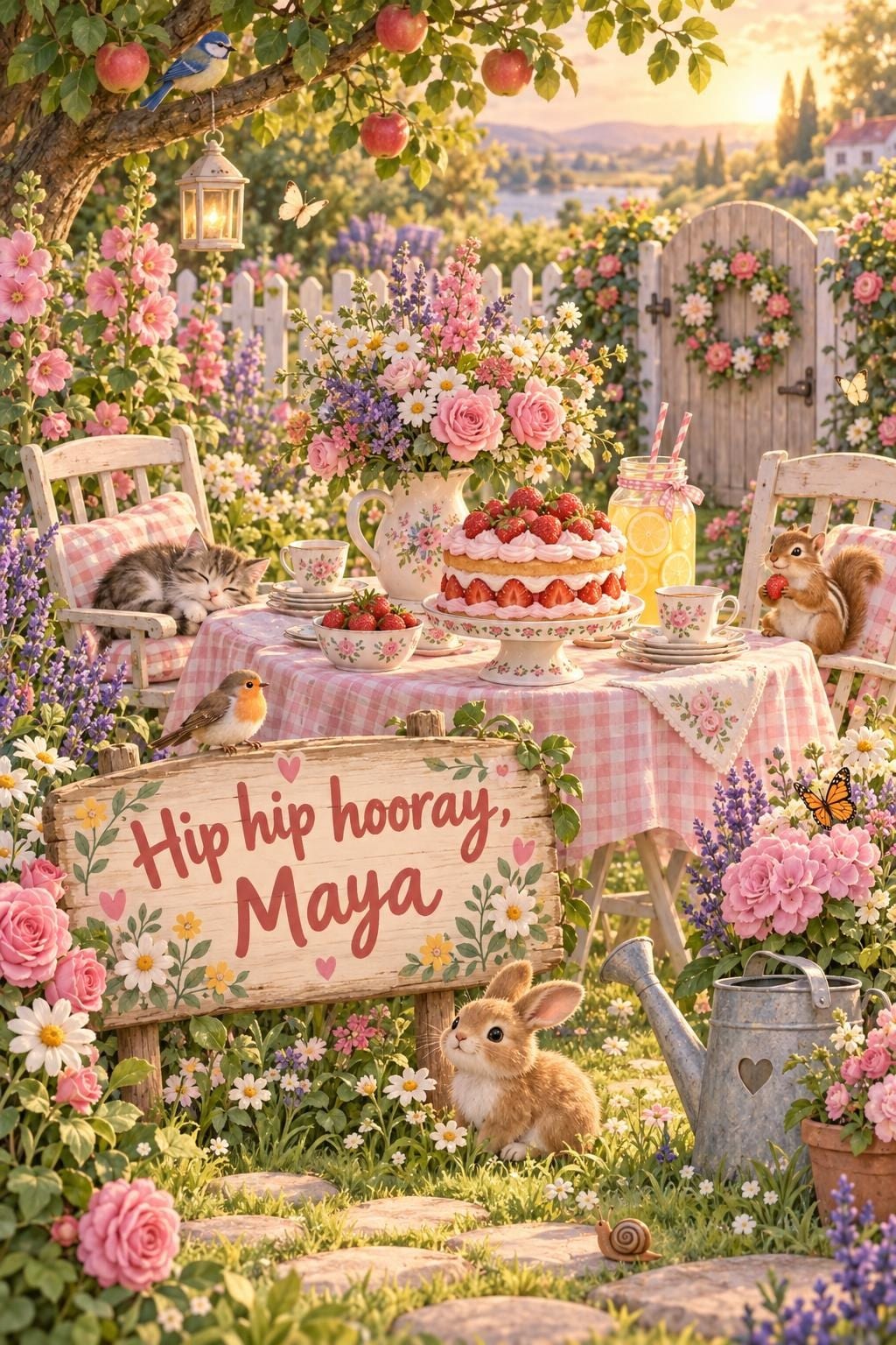 Cute birthday card of a cottage garden tea table at sunset with a strawberry cake, a sign reading Hip hip hooray, Maya