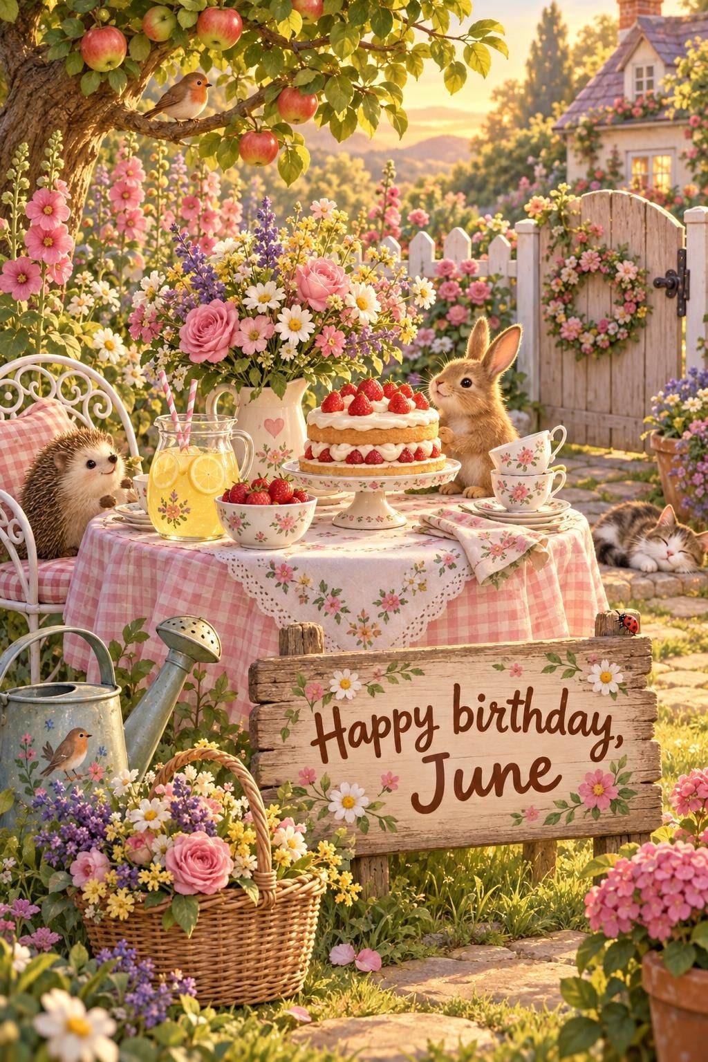 Cute birthday card of a garden tea table at sunset with a strawberry cake and a bunny, a sign reading Happy birthday, June