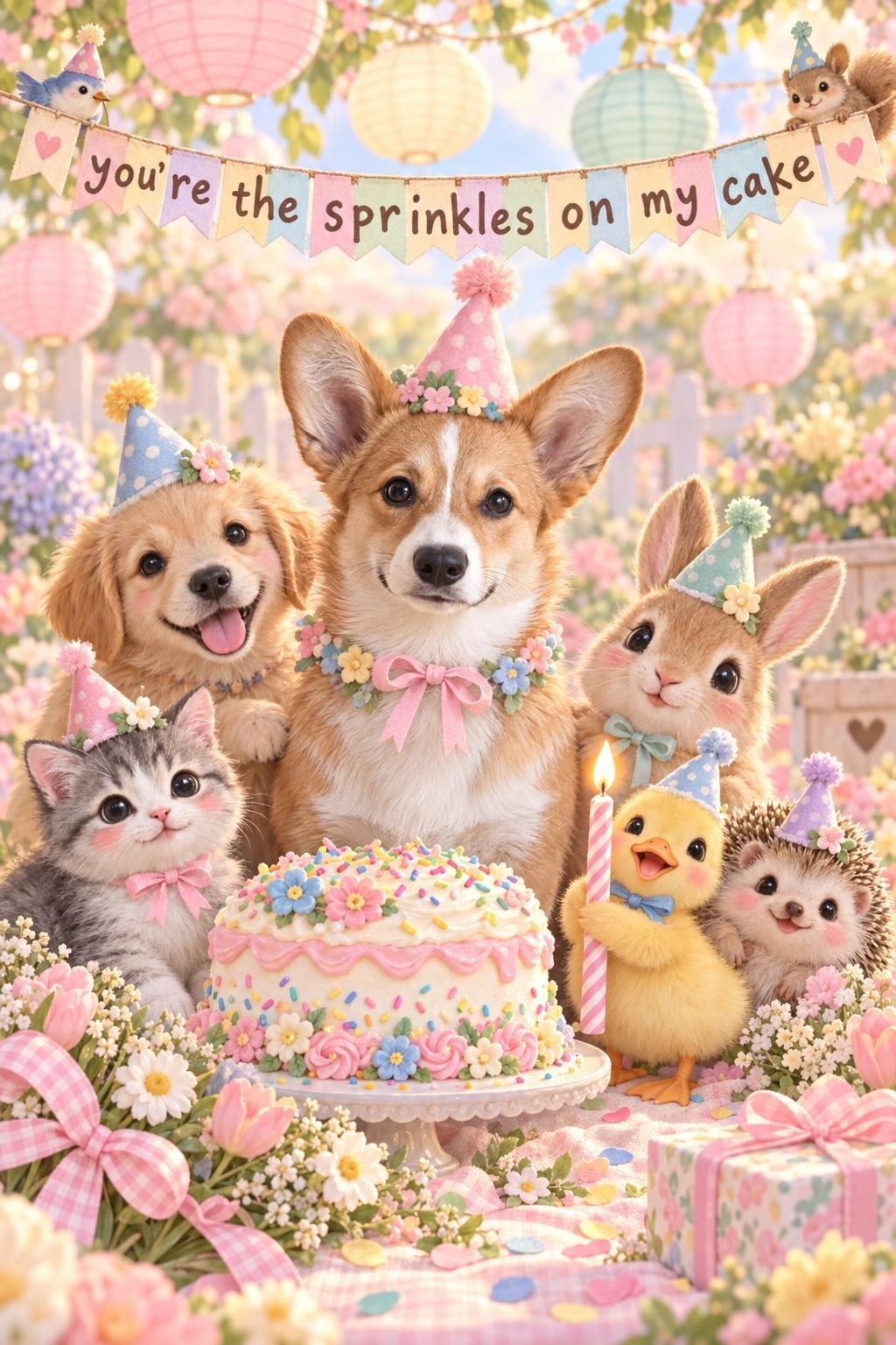 Cute birthday card of a corgi in a party hat among a kitten, puppy, bunny and duckling, you're the sprinkles on my cake
