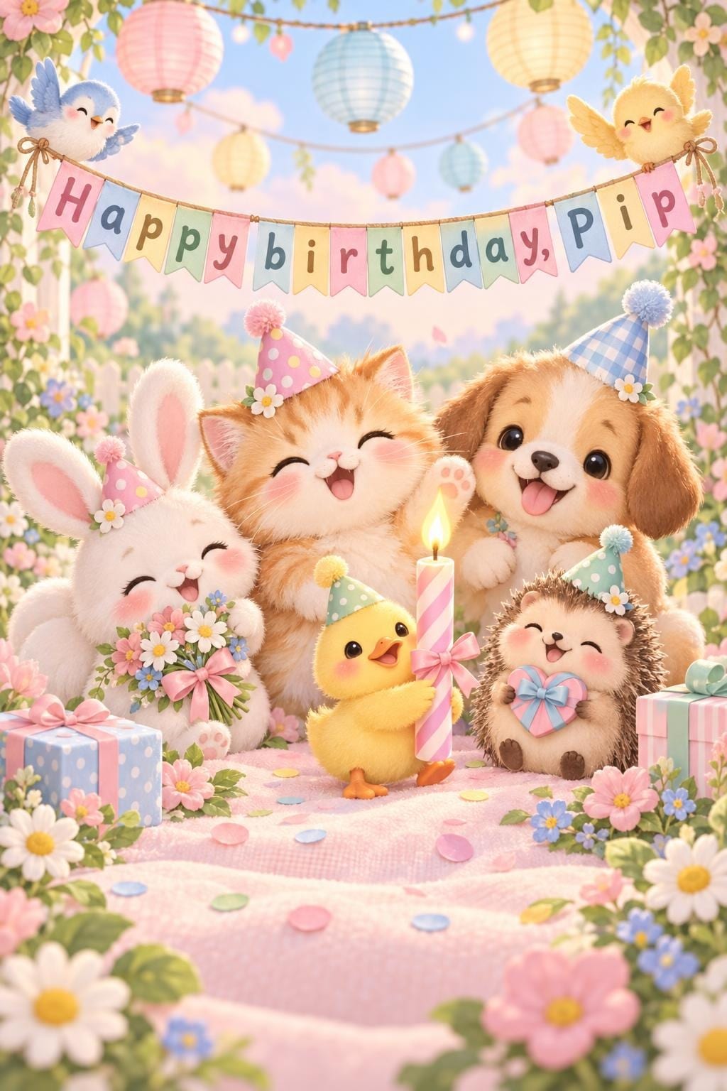 Cute birthday card of a bunny, kitten, puppy, hedgehog and a duckling holding a candle, in party hats, Happy birthday, Pip