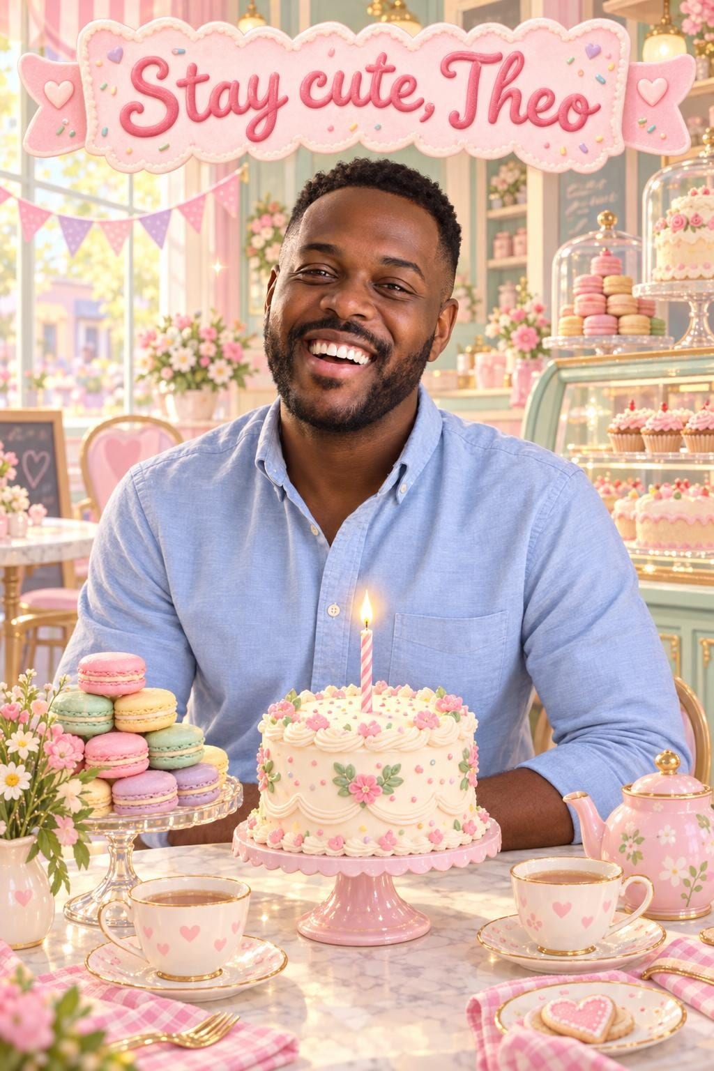 Cute birthday card of a laughing bearded man in a blue shirt at a pastel bakery table with a cake, Stay cute, Theo