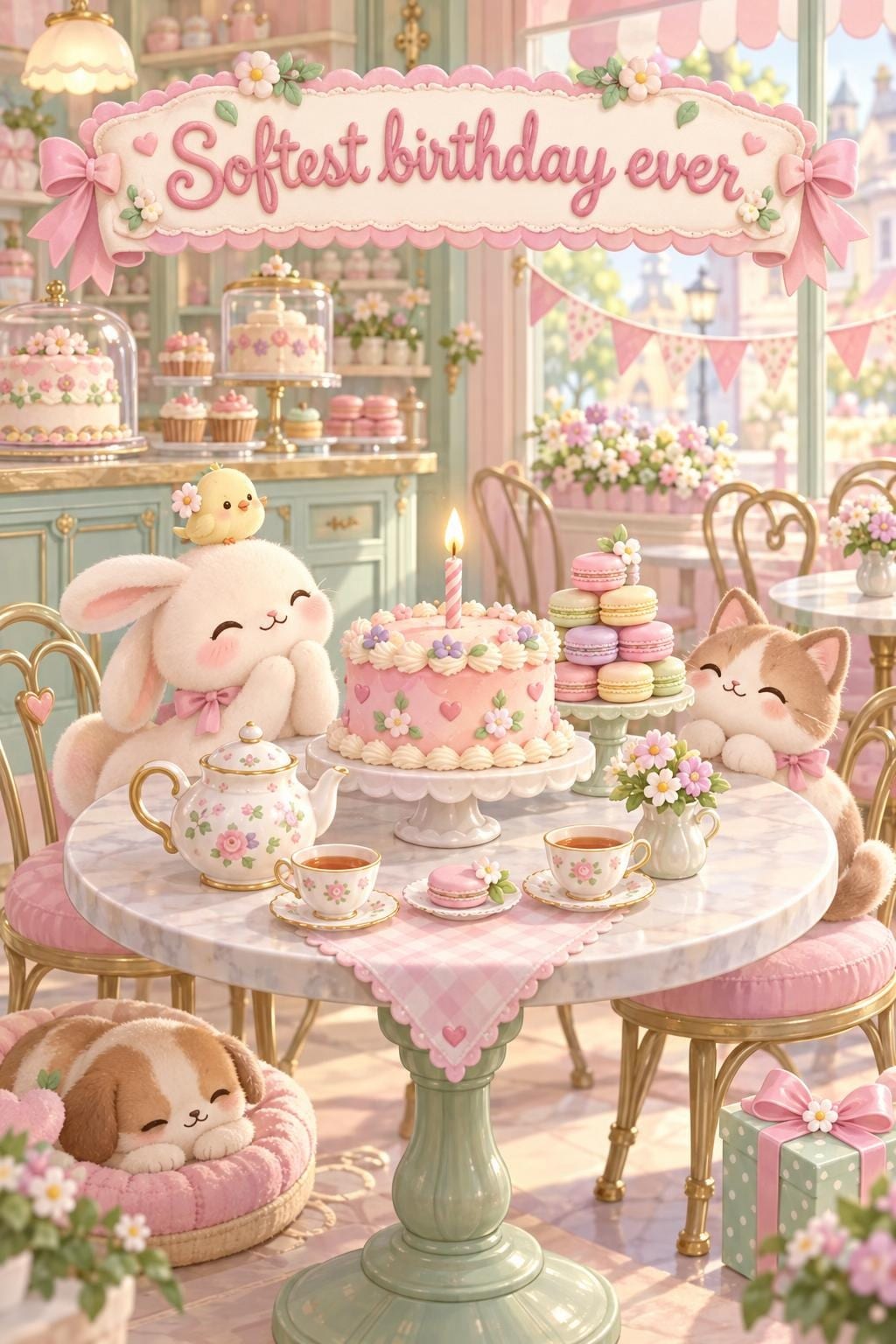 Cute birthday card of a plush bunny, a kitten and a puppy at a pastel bakery table with a cake, under Softest birthday ever