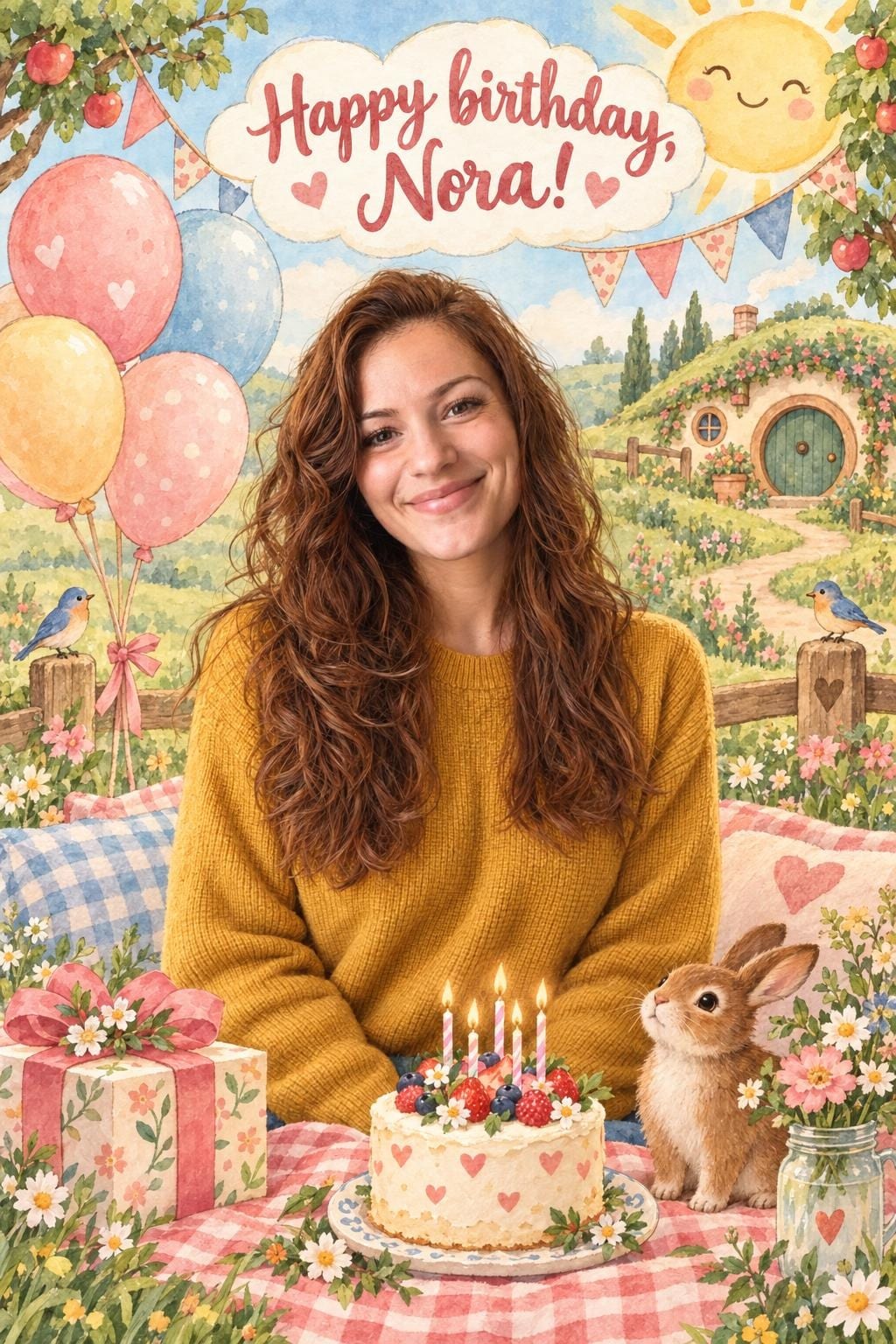 Cute birthday card of a smiling woman in a mustard sweater on a watercolor hill, balloons and a bunny, Happy birthday, Nora!