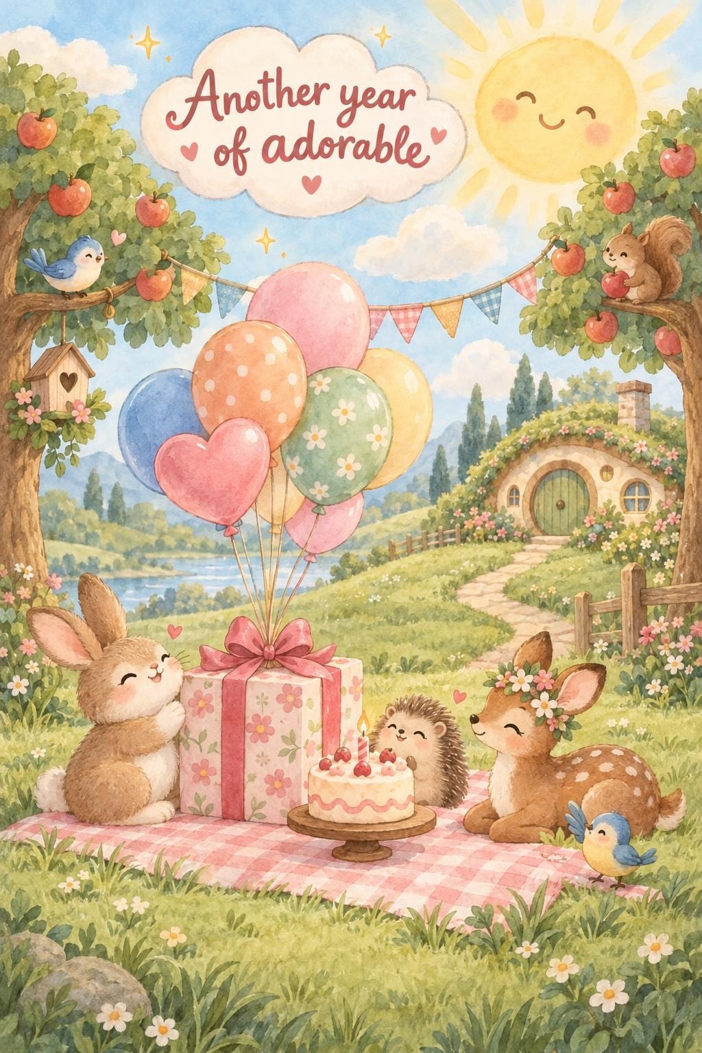Cute watercolor birthday card of a bunny, a hedgehog and a fawn on a picnic blanket with balloons, Another year of adorable