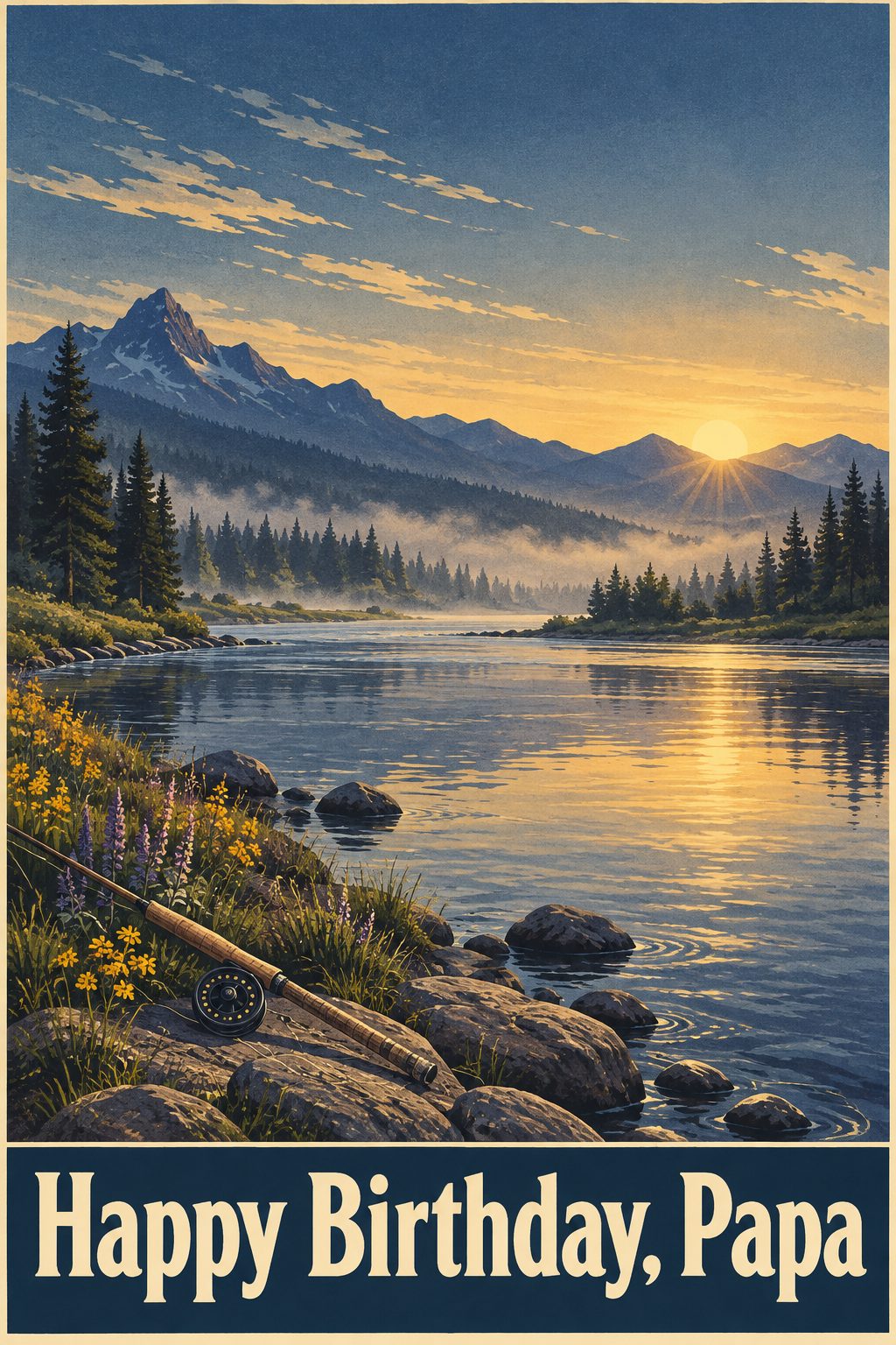Birthday card of a fly rod resting on the rocks of a misty mountain river at sunrise, in a vintage poster style, reading Happy Birthday, Papa